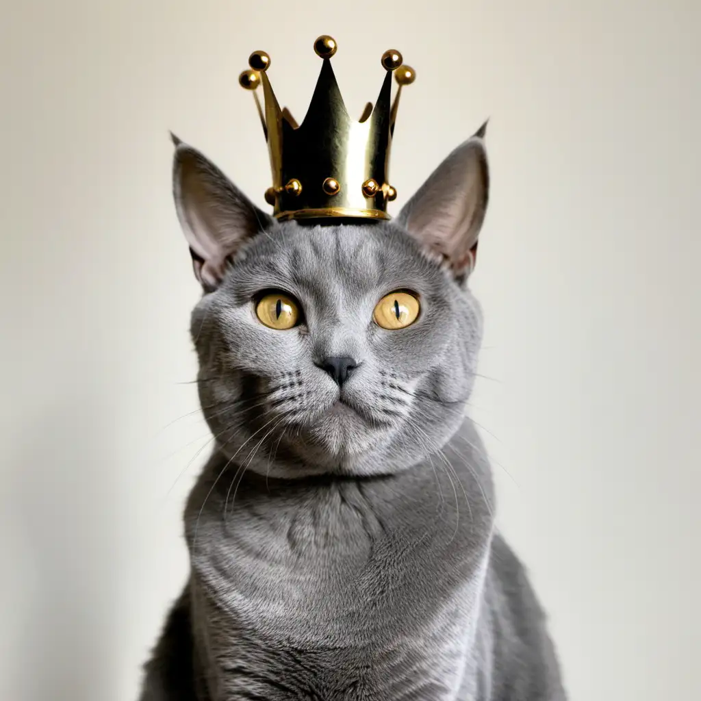 a short-hair grey cat with a crown upon its head
