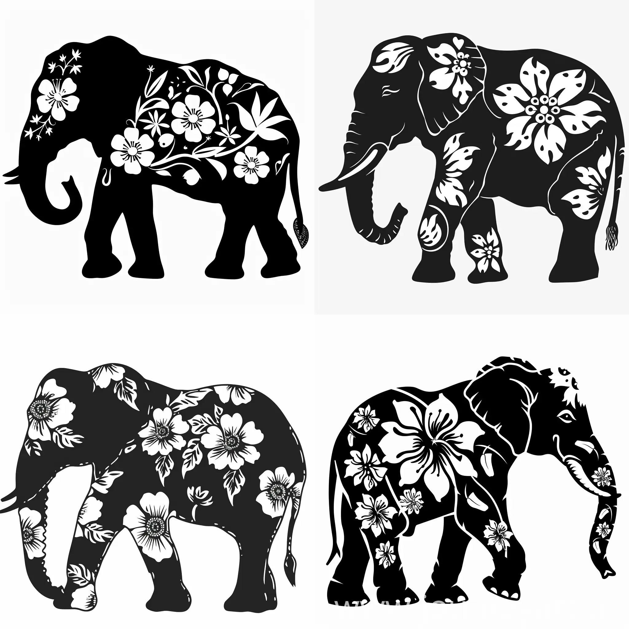 Monochrome-Elephant-Floral-Silhouette-SVG-Art