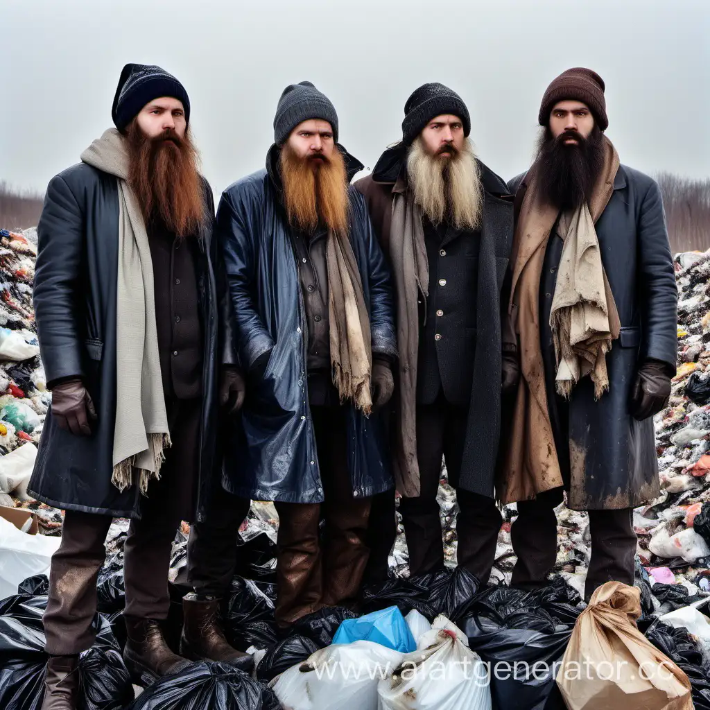 группа истощенных и опасных оборванцев в бородах на мусорной свалке зимой. одежда рваная и старая, кожа и сукно низкого качества или очень поношенные