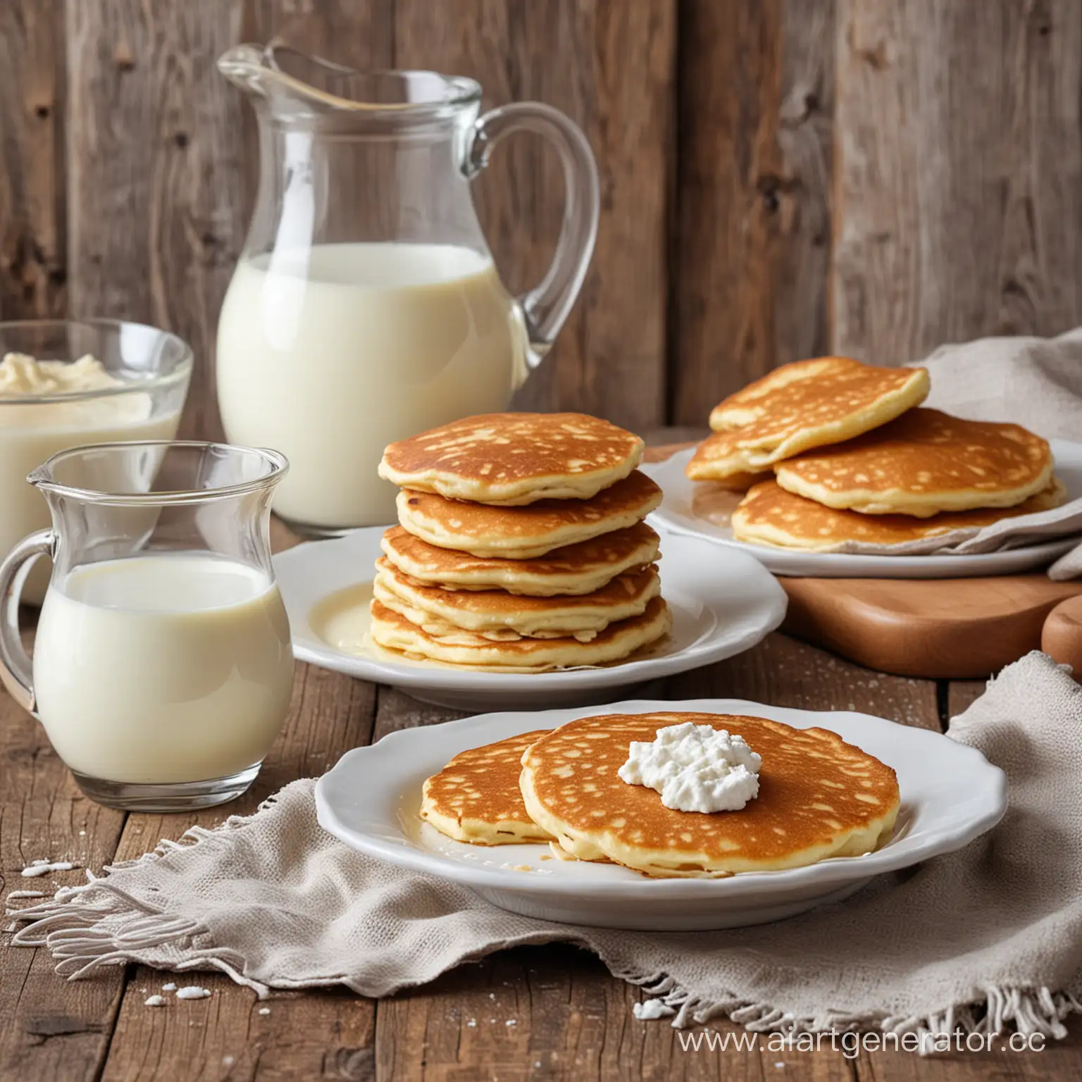 Homemade-Cottage-Cheese-Pancakes-and-Fresh-Milk-on-Rustic-Table