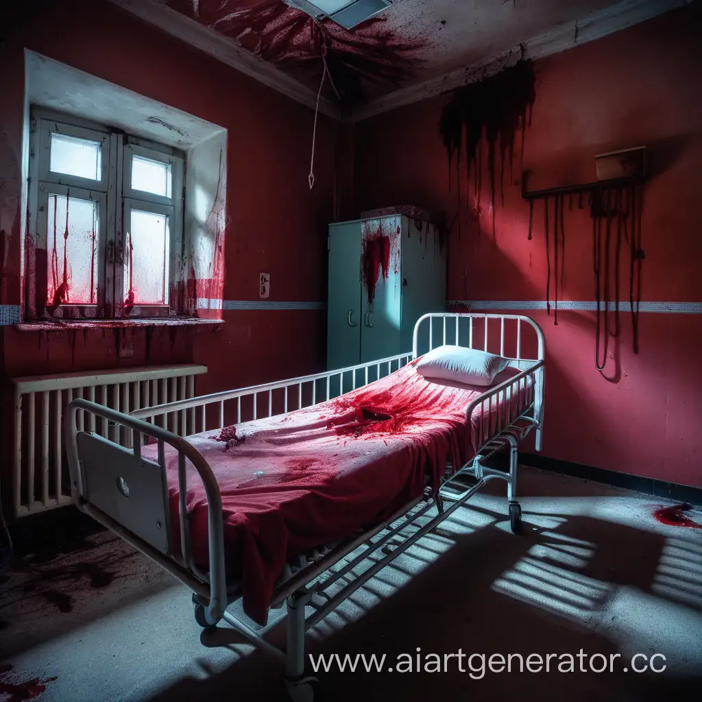 Eerie-Scene-BloodStained-Cot-in-RedTinged-Psychiatric-Hospital