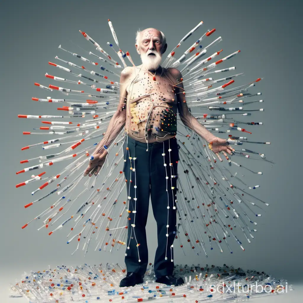 old guy as metaphor for an operating system, with 100 syringes all over his body