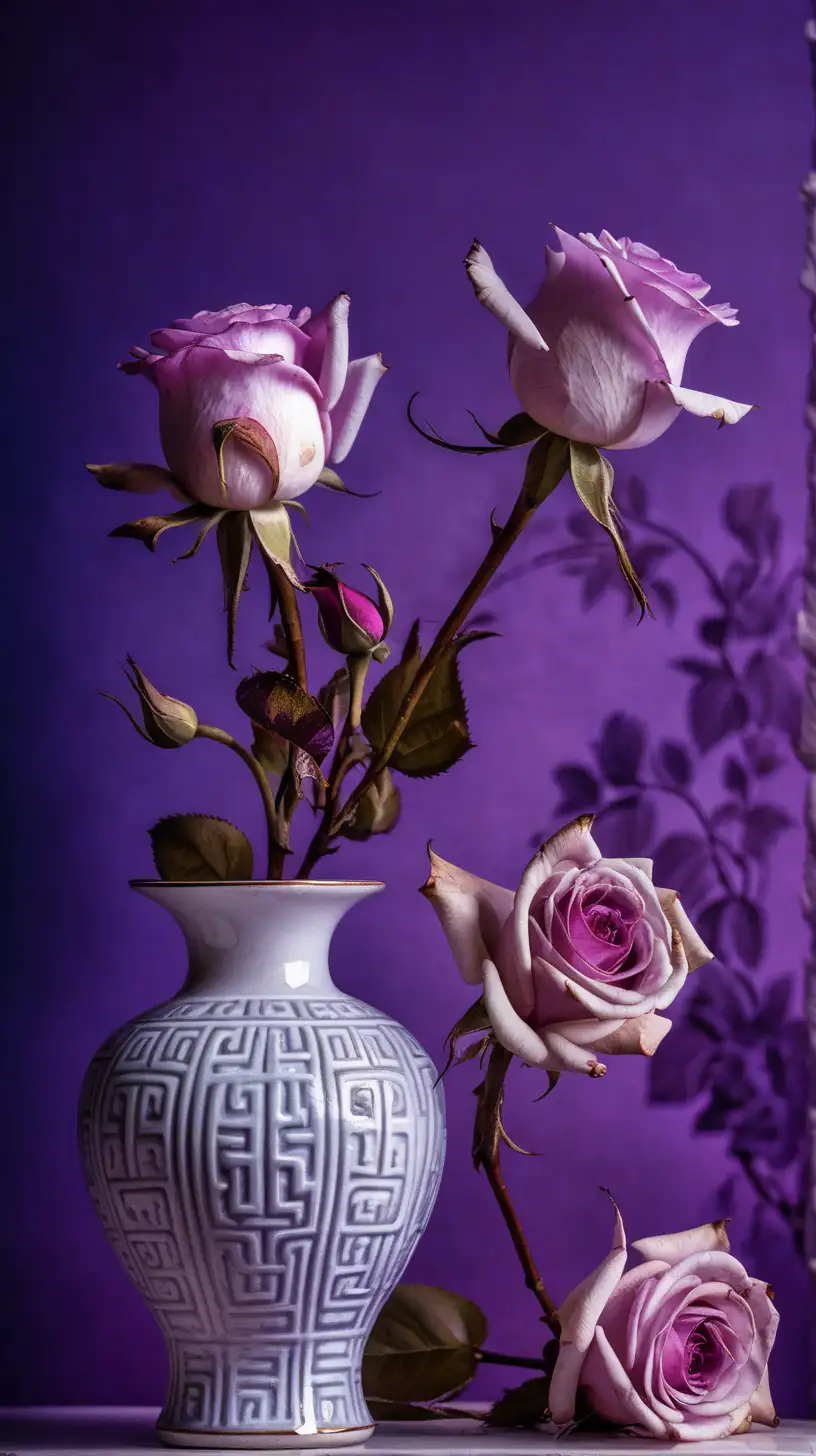 dos rosas marchitas dentro de un jarron chino blanco sobre un fondo de tonos morados