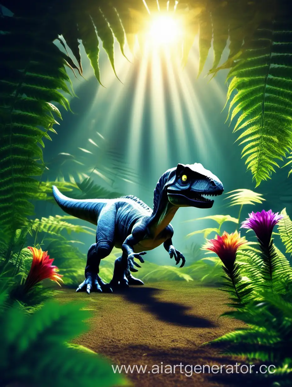 Prehistoric-Landscape-with-Blooming-Ferns-and-Playful-Dinosaurs