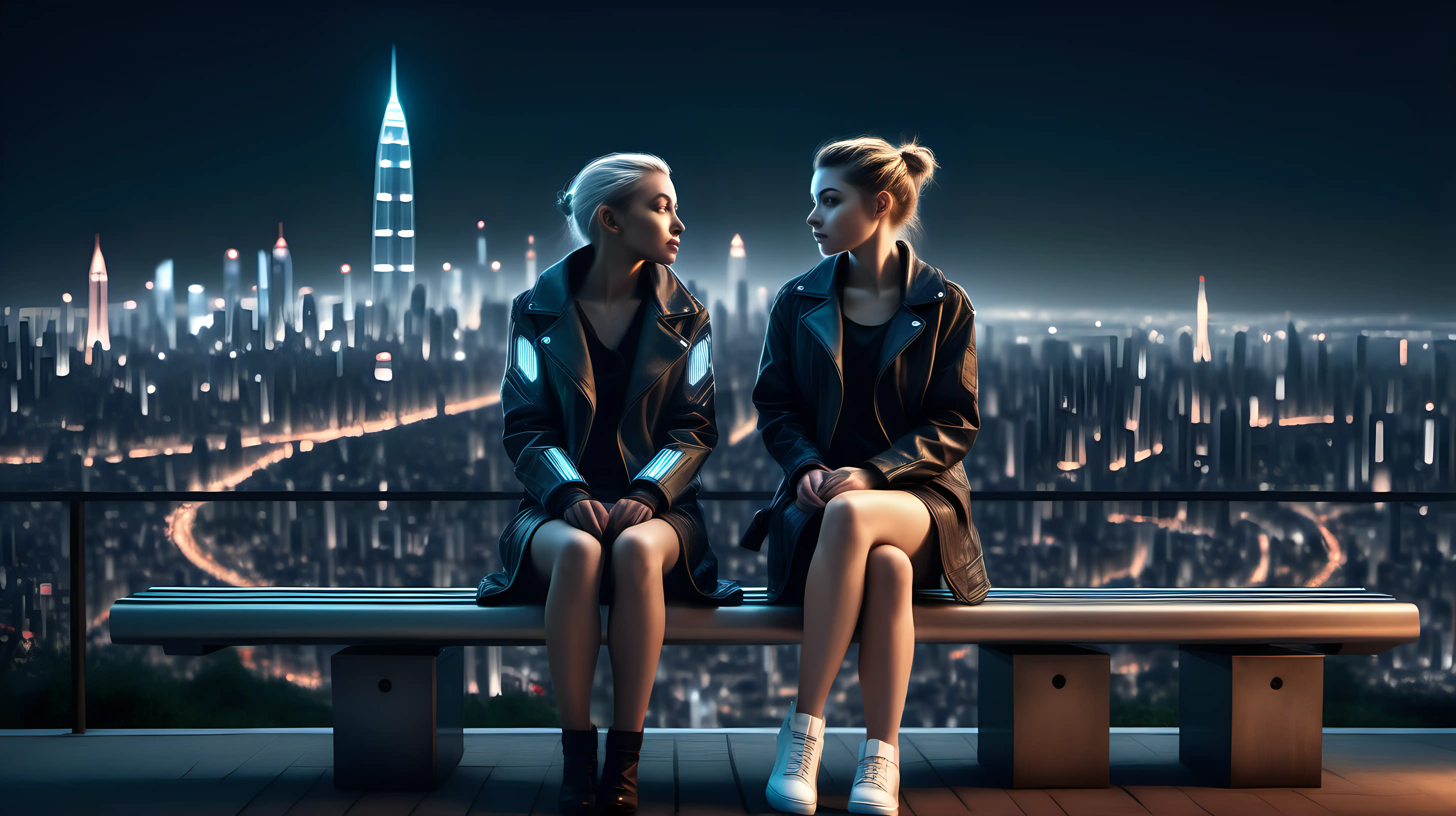 ultra-realistic high resolution and highly detailed photo of 2 human females, sitting on a bench in the evening with a futuristic city full of lights in the background