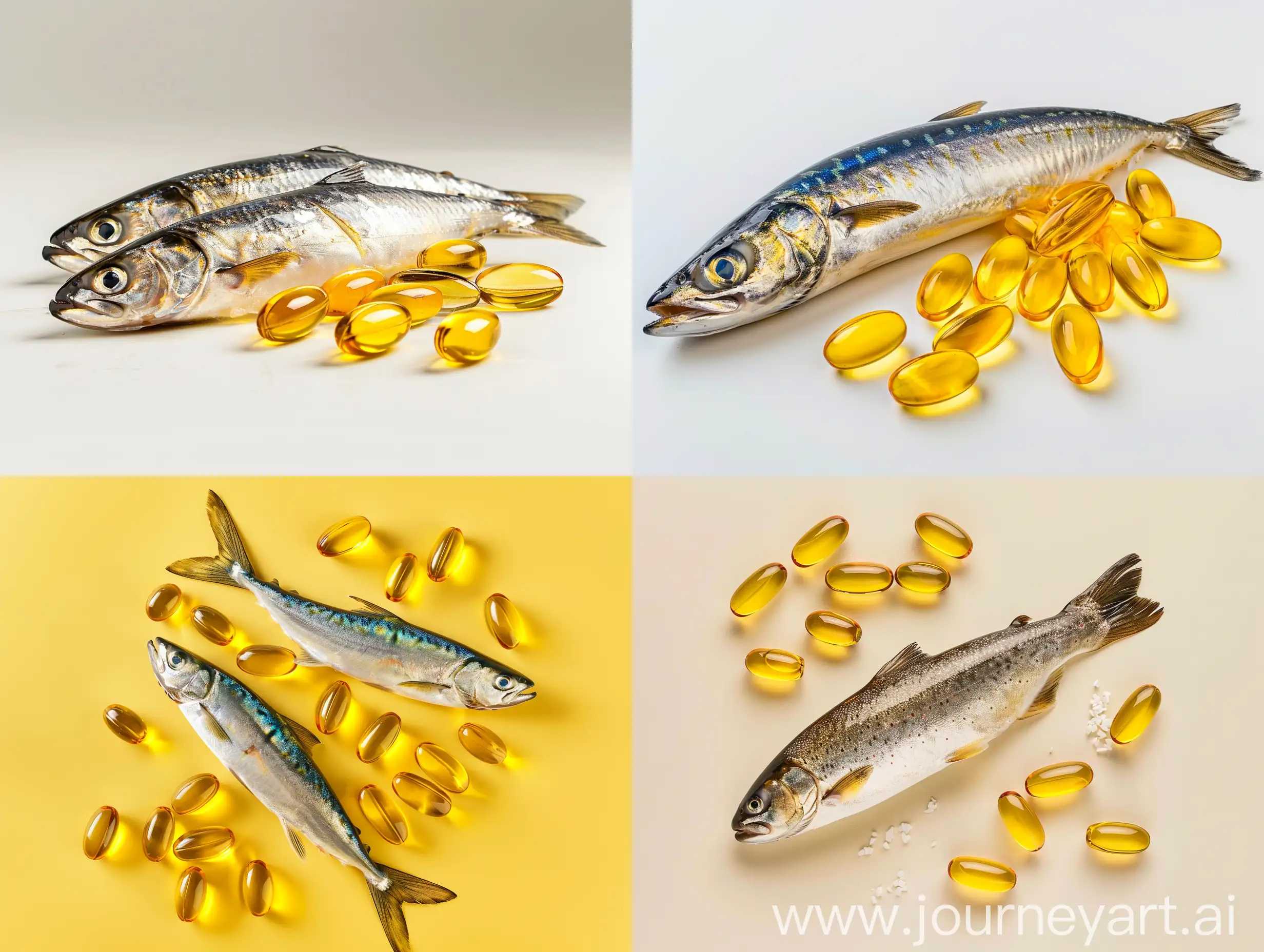 Studio photography of fish and fish oil with a single color background