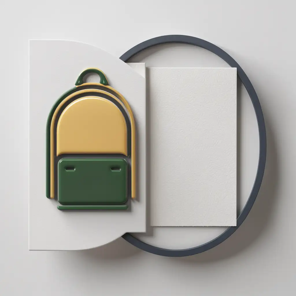 Logo: Backpack(simplified, golden, green, navy blue, without shadow) inner and right side of a oval left side of the oval a horizontal paper.
Background: white without shadow