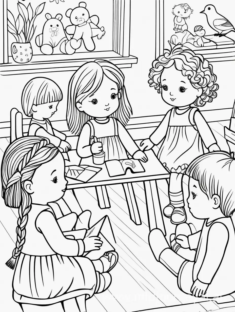 Waldorf doll playing with friends in kindergarten, children coloring book page, clean lines, black and white