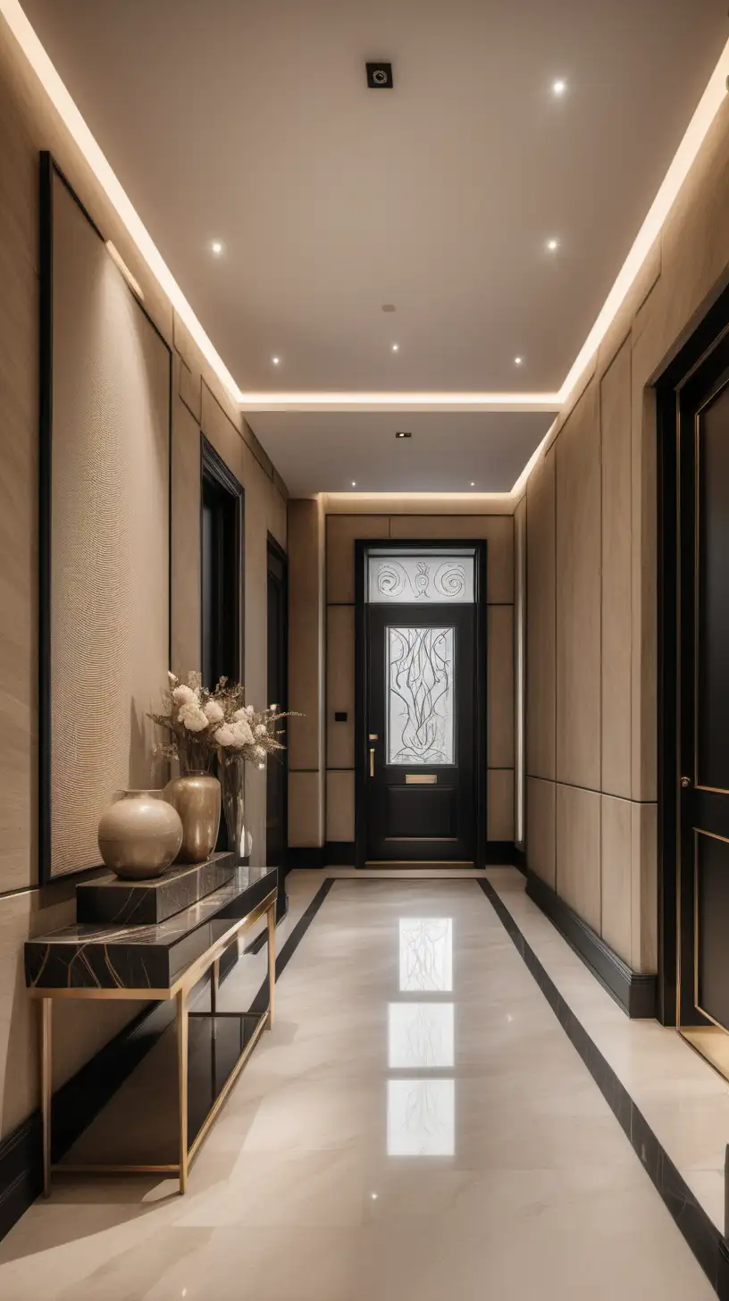 Editorial style photograph of a luxury modern entryway with beige and texture feature walls in a modern mansion in london . Realistic 8k shot on canon