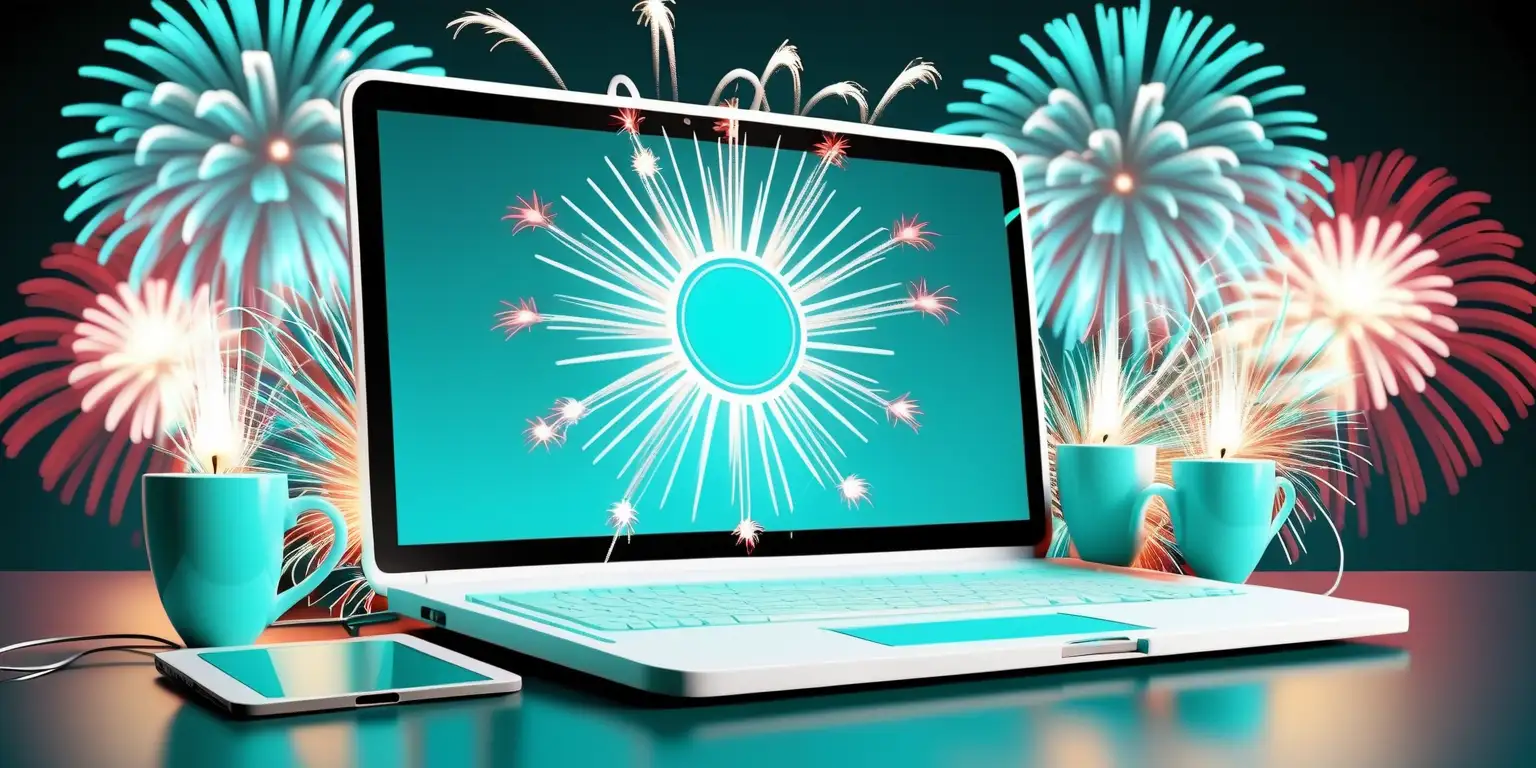 cyber security on new year's eve in turquoise and white colors with fire works colors