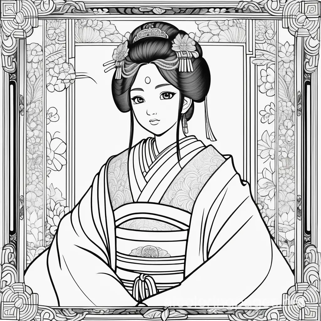 Japanese-Princess-Coloring-Page-Detailed-Frame-with-Ample-White-Space