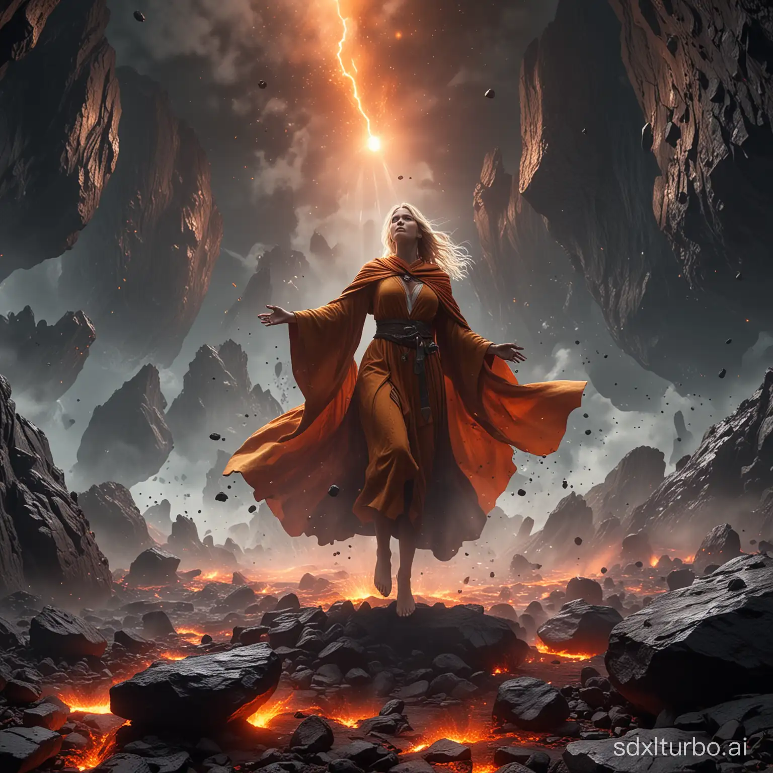Barefoot female summoner levitating, blonde robes and cloaked arms raised over shattered earth emitting bright lava light from below the asteroid field, jagged rock boulders and debris shooting up into the air: 1.3, storms of wind and dust debris: 1.1, volumetric foggy misty ray tracing z Delivering bright light from below, Masterpieces, Detailed, Sharp Focus, Complexity, Cinematic Lighting, Best Quality, 8k
