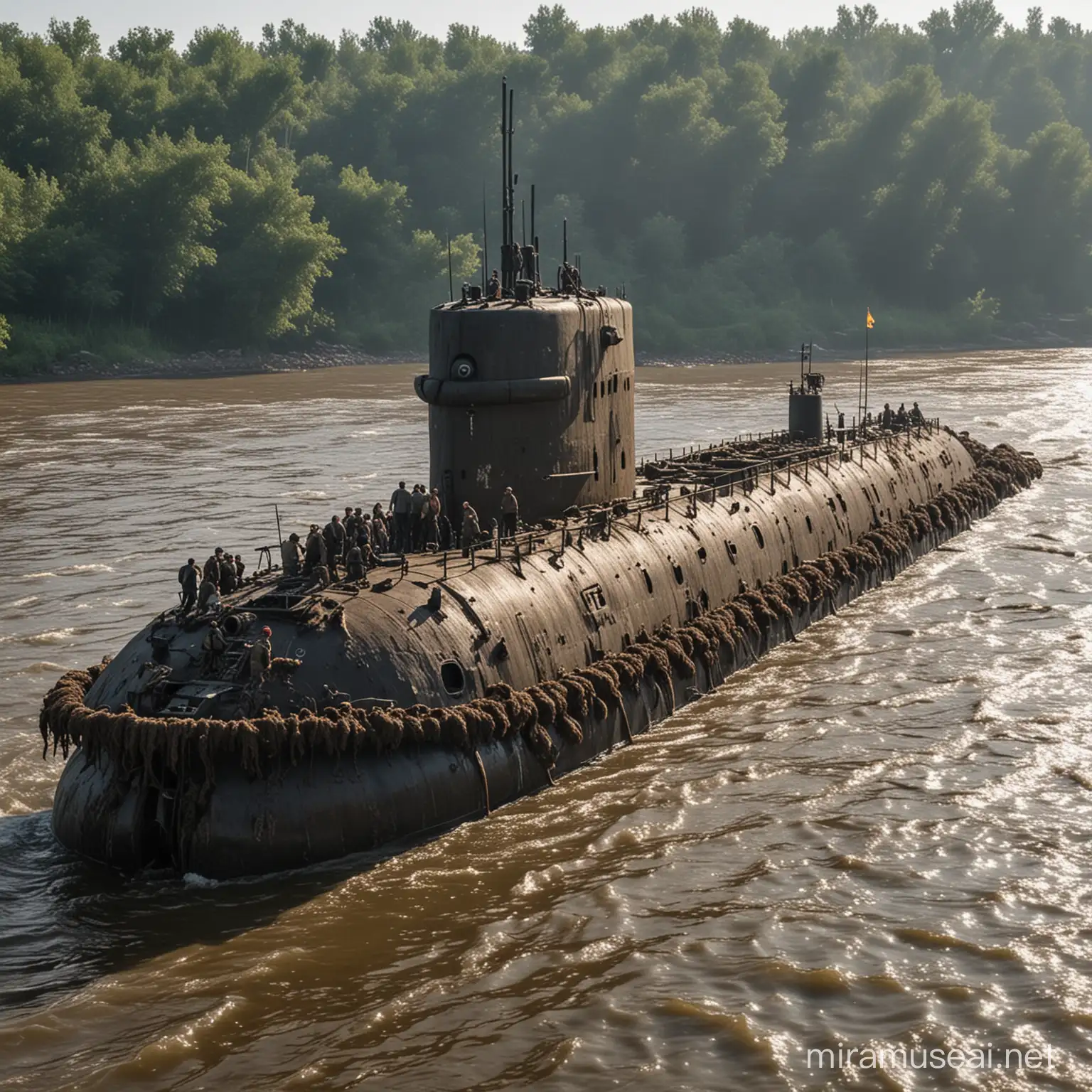Surreal Scene Shit Submarine Sailing on River of Waste with Crew