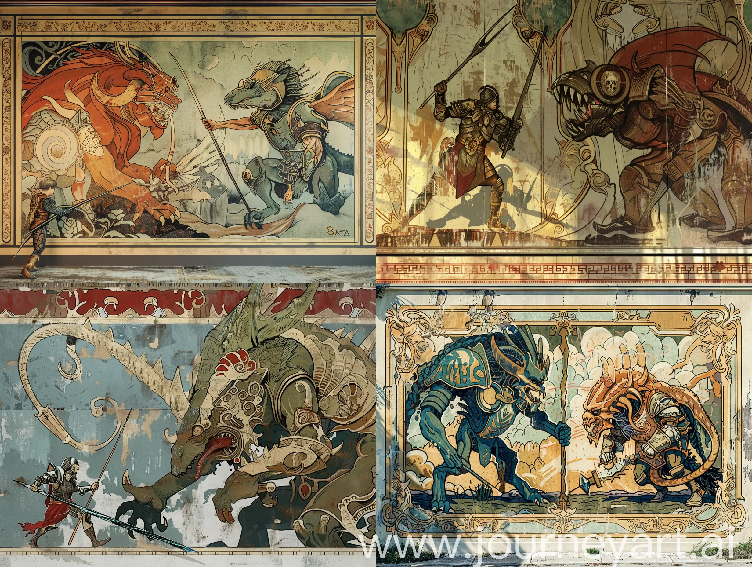 Epic-Battle-Mural-Majestic-Warrior-Confronts-Terrifying-TwoHeaded-Monster
