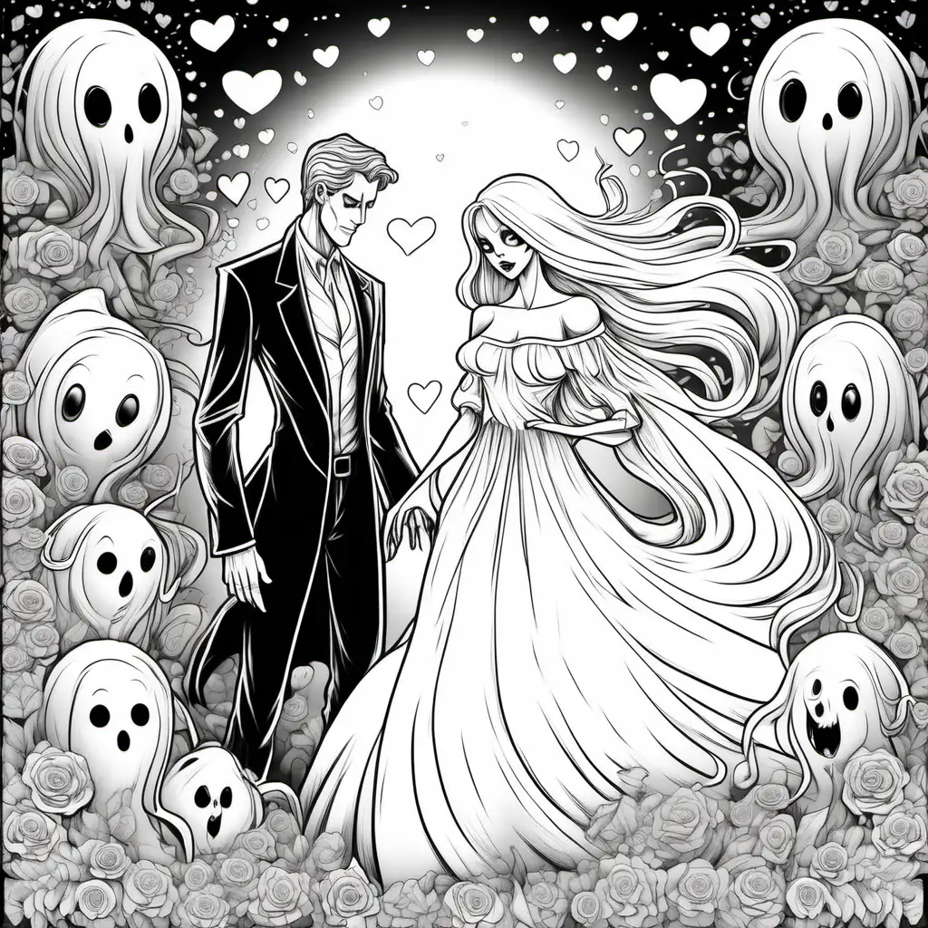 black and white drawing of all in white for coloring of pretty ghost woman and handsome ghost man in love and all in white for coloring 
