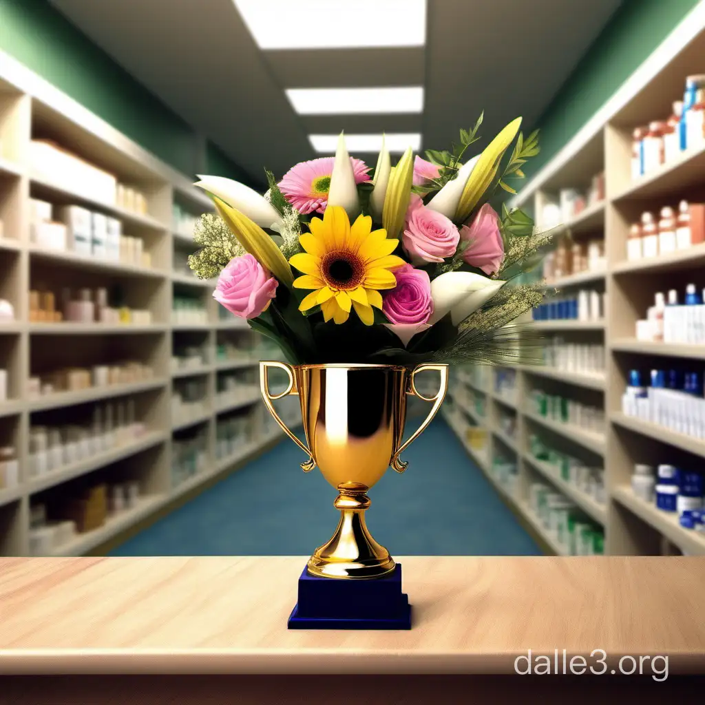 создай картинку для анонса конкурса по продажам в аптеке, можно использовать интерьер аптеки, спортивный кубок, букет цветов в реалистичном стиле (без использования кружки)