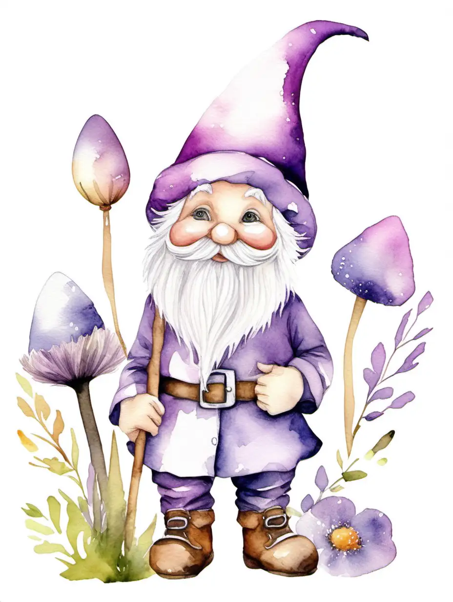 watercolor Soft purple gnome clip art, cute, cartoon, isolated on white background, suitable for easter