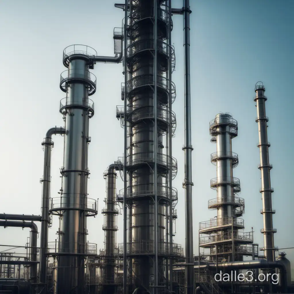 A distillation tower inside a chemical industry. The tower must be connected to pipes. The background should be the other areas of the industry.