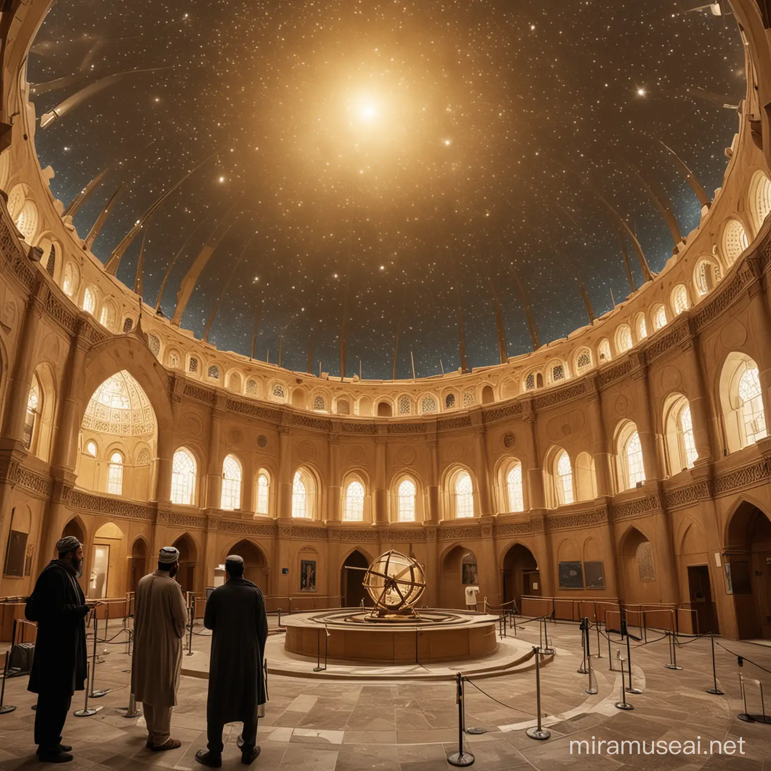  Design an interior museum exhibition of the abbasid era by installing a celestial observatory with a domed roof, equipped with telescopes and interactive displays showcasing advances in Islamic astronomy and navigation.
Illustration: Visitors can peer through telescopes to observe the stars and planets, learning about the contributions of Abbasid astronomers such as Al-Khwarizmi and Al-Biruni. Multimedia presentations offer virtual tours of famous observatories from the Golden Age