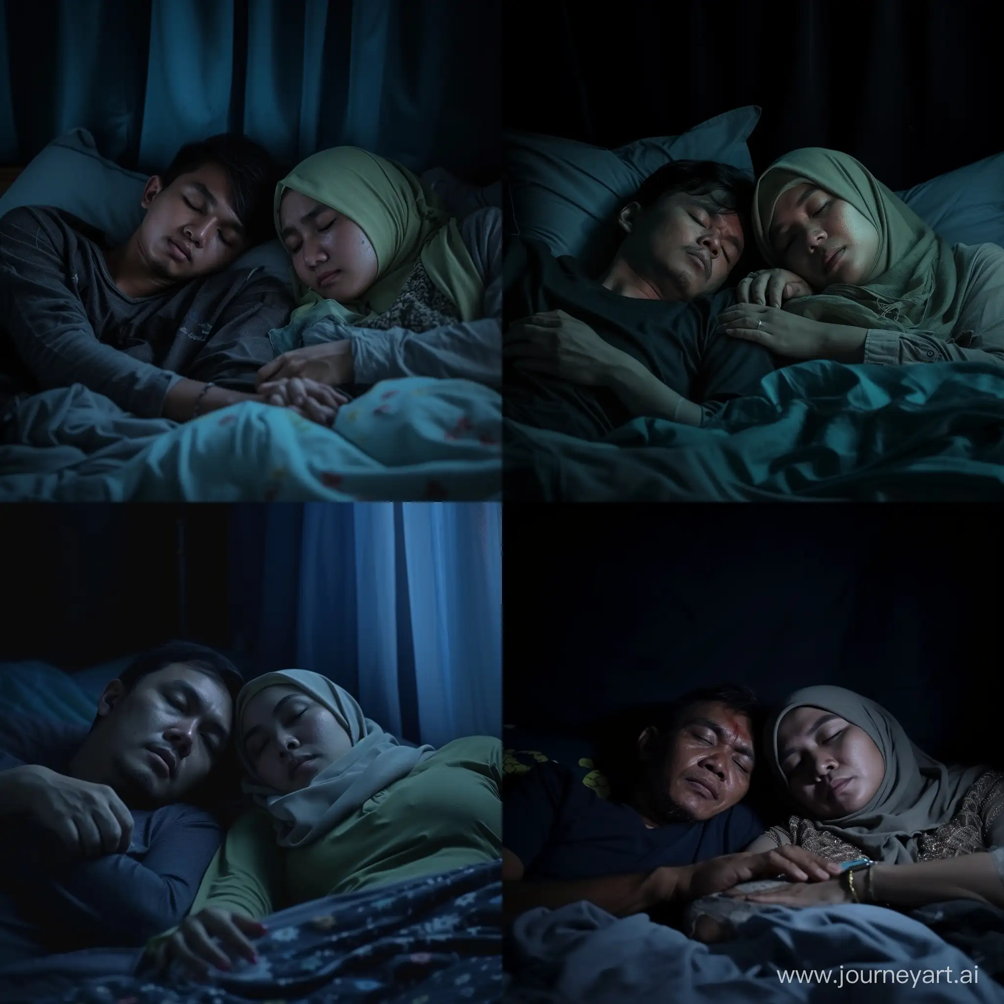 a 30-year-old Indonesian man and a 29-year-old hijab-wearing woman were sleeping in a dark room, front view, horor movie scene