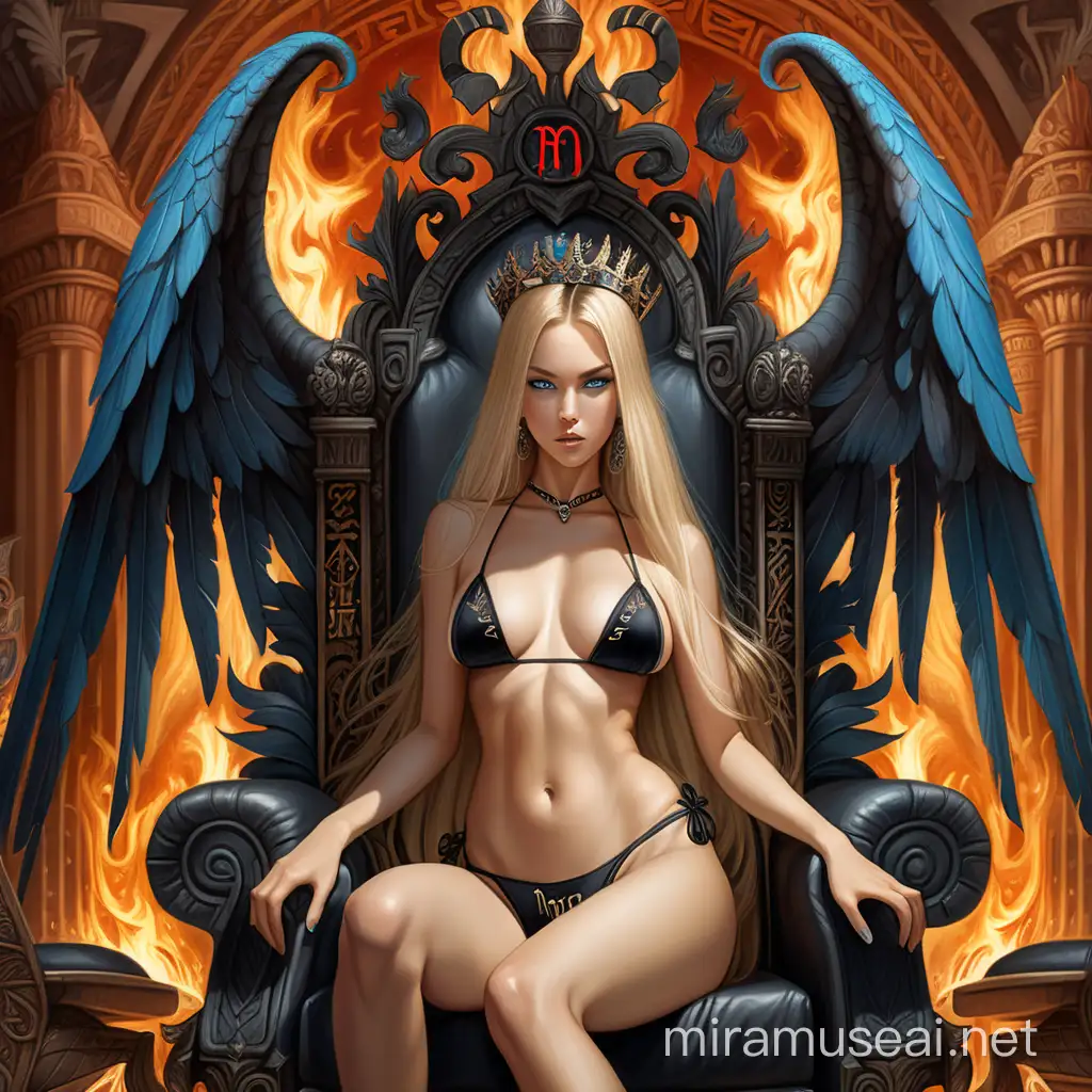 Blonde Empress Goddess in Black Bikini on Fiery Throne with Demonic Symbols