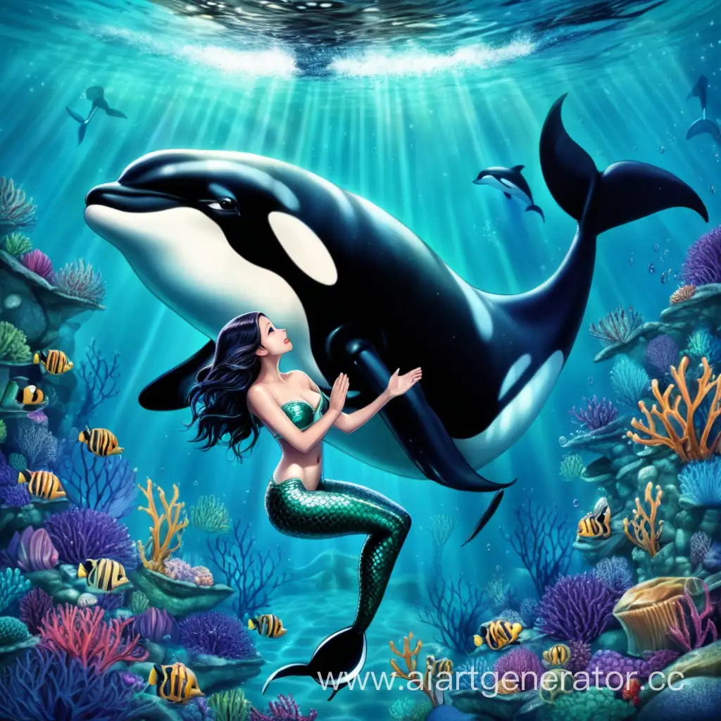 Mesmerizing-Mermaid-and-Majestic-Killer-Whale-Swimming