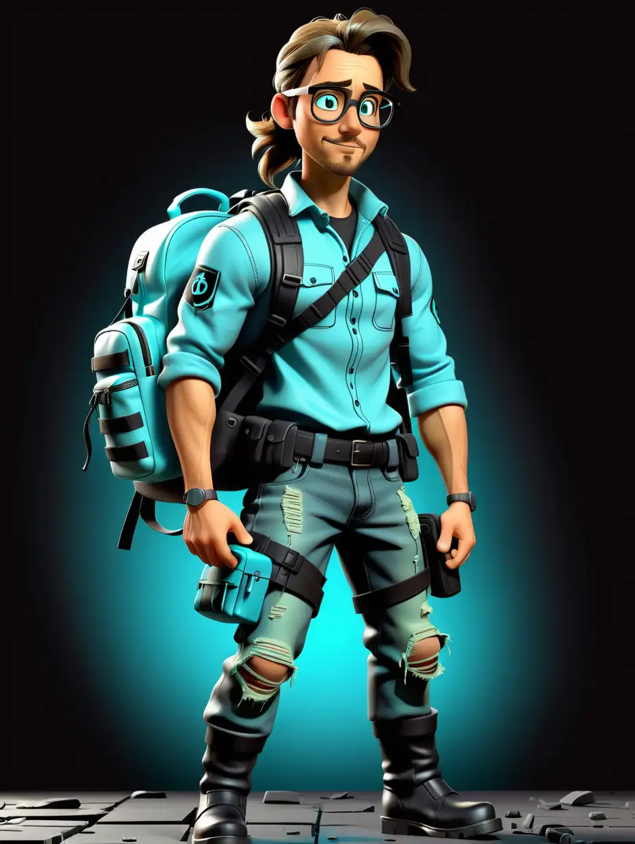 30 year old Male with shoulder length hair in a pony tail. Glasses, ripped cyan swat outfit and small backpack, black boots, full body view, ready pose, black background, pixar themed