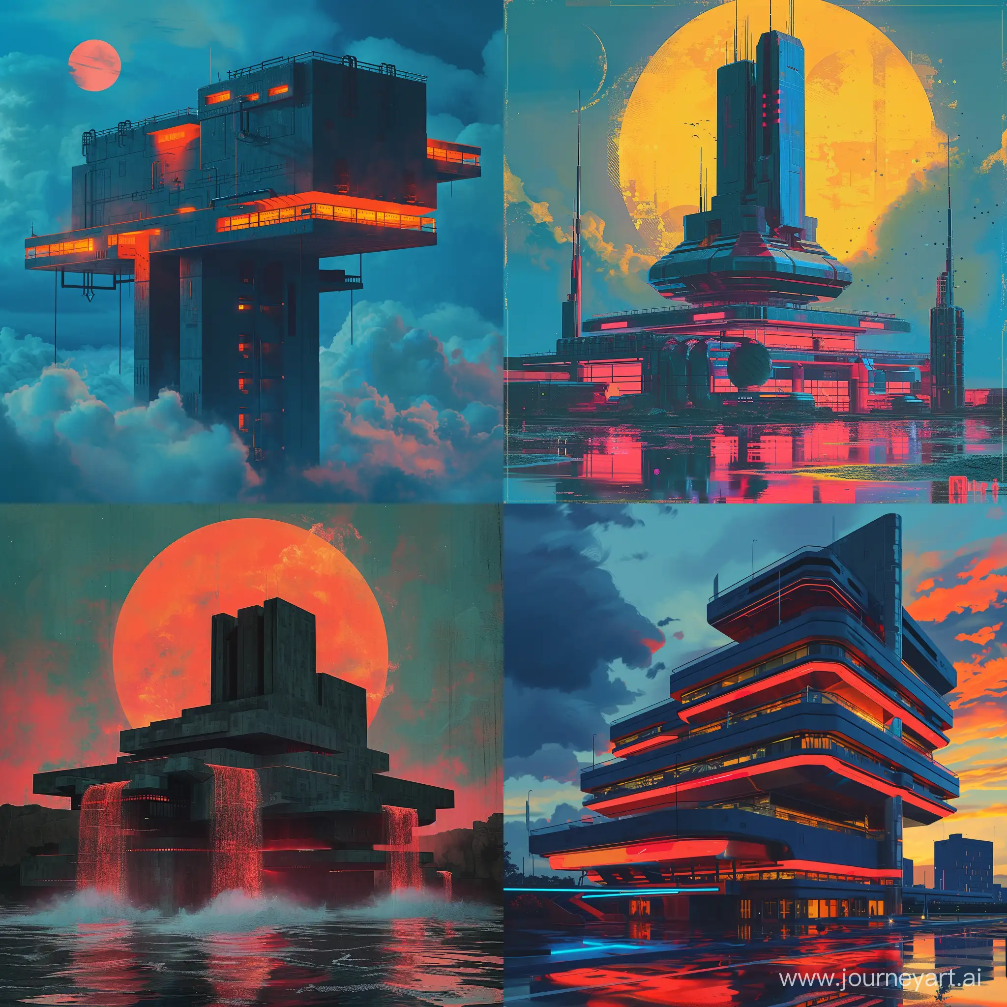 mysterious retro futuristic building, cold war era, digital painting, synthwave, masterpiece