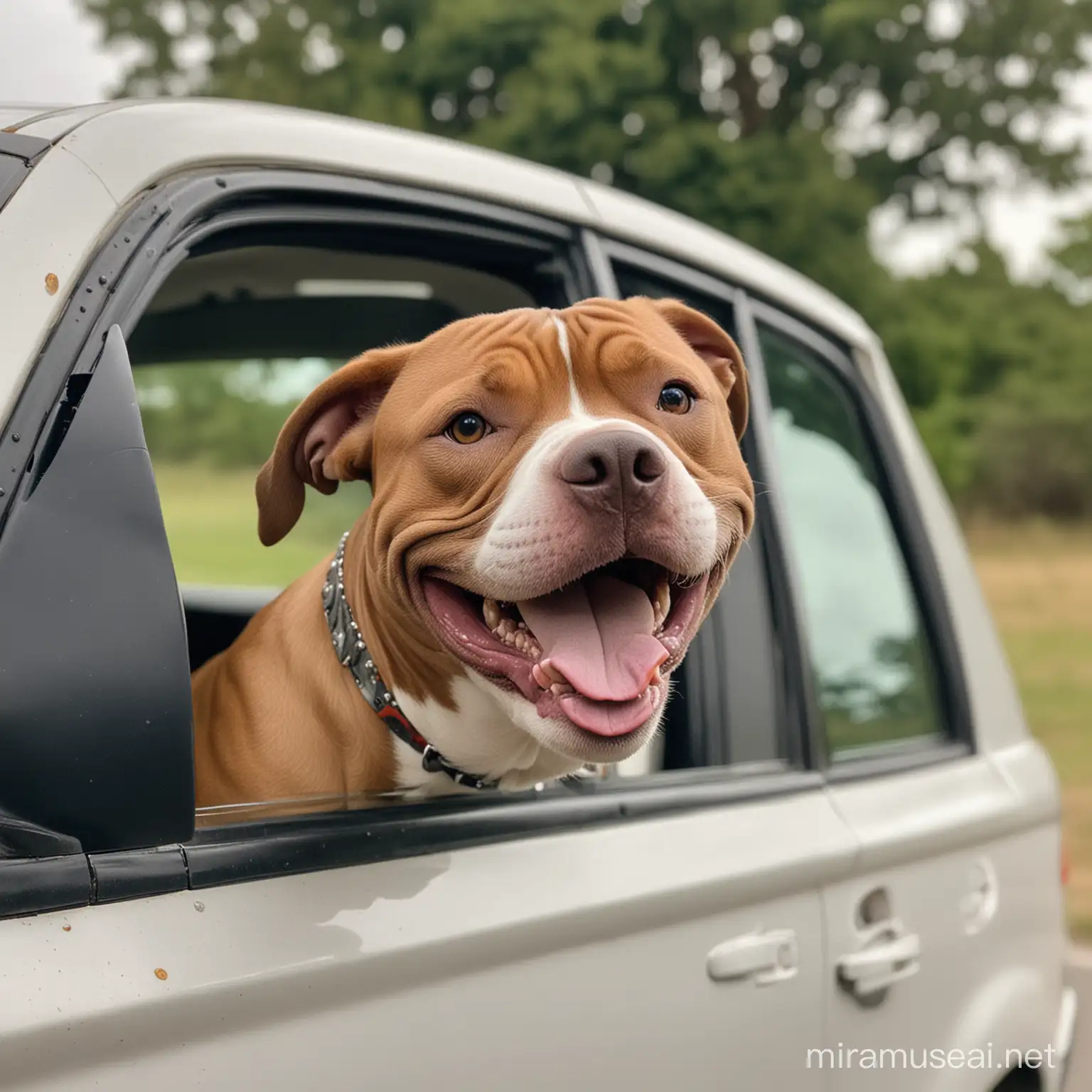 image of a pitbull wearing a big smile on its face sticking its head out of a car window with the owner driving on the background 
