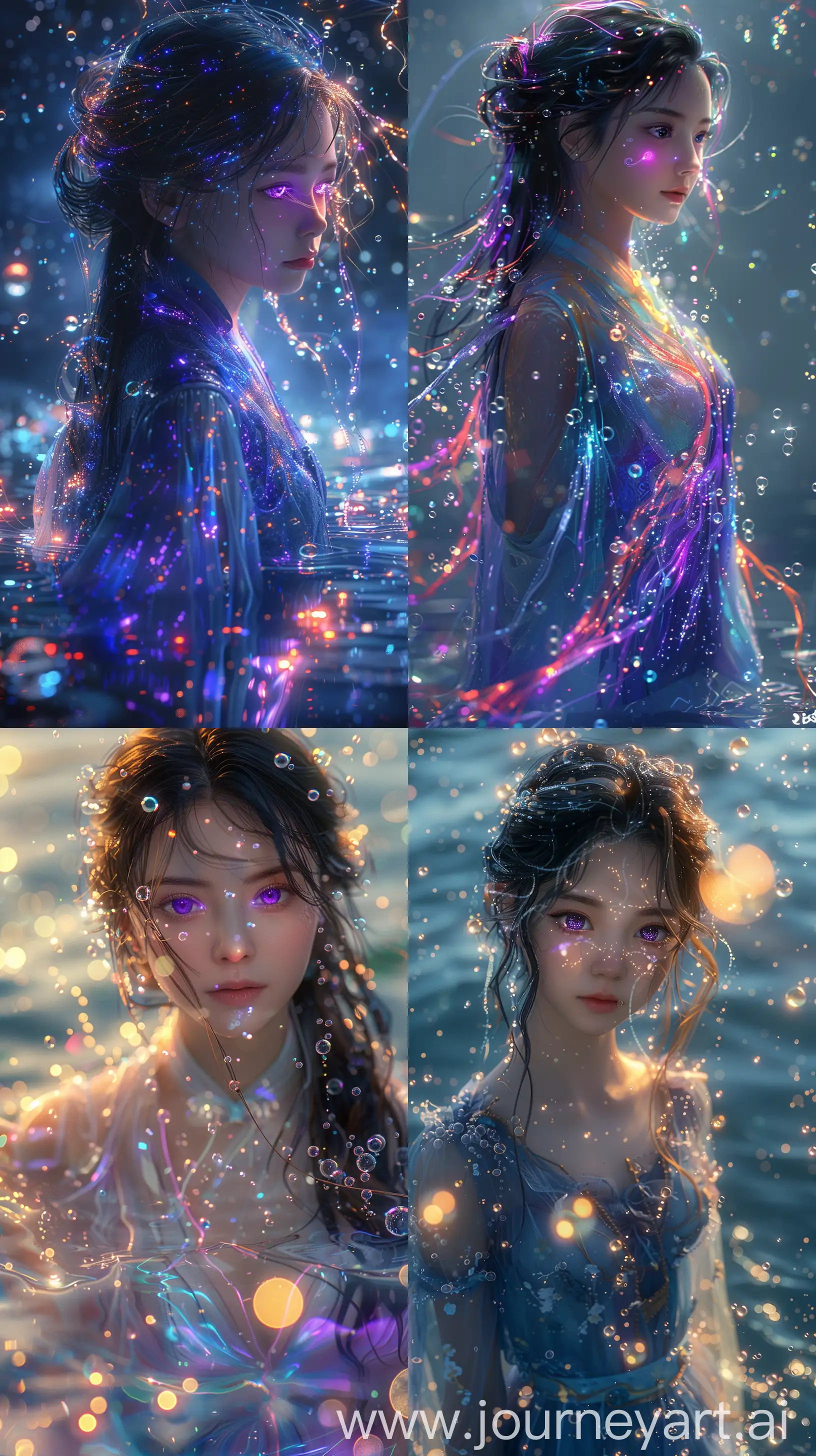 a woman that is standing in the water, digital art, inspired by Yanjun Cheng, fantasy art, glowing bubble threads of drop, artwork in the style of guweiz, portrait of kim petras, portrait of magical girl, trending at cgstation, endless flowing ethereal drapery, beautiful art uhd 4 k, ethereal bubbles, purple eyes and graphic scheme dress --s 750 --ar 9:16