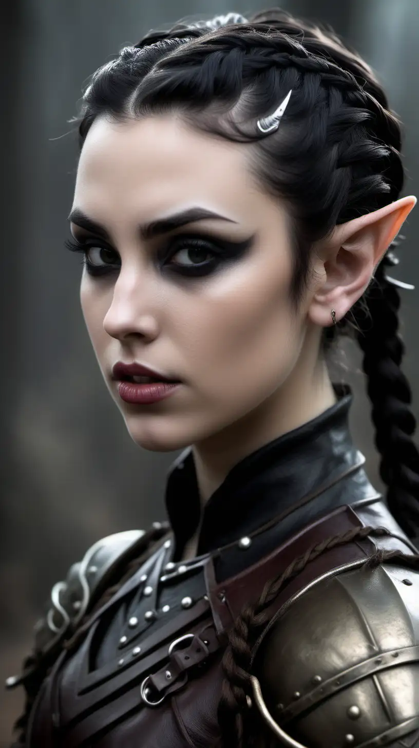 Half elf bard with pointy ears, dark hair styled with a tight bun and braids, haunted look , beautiful, wearing dark leather armor. Pouty luscious lips, seductive look. Wearing no make up . Pointy ears, In her young 20s. Beautiful.