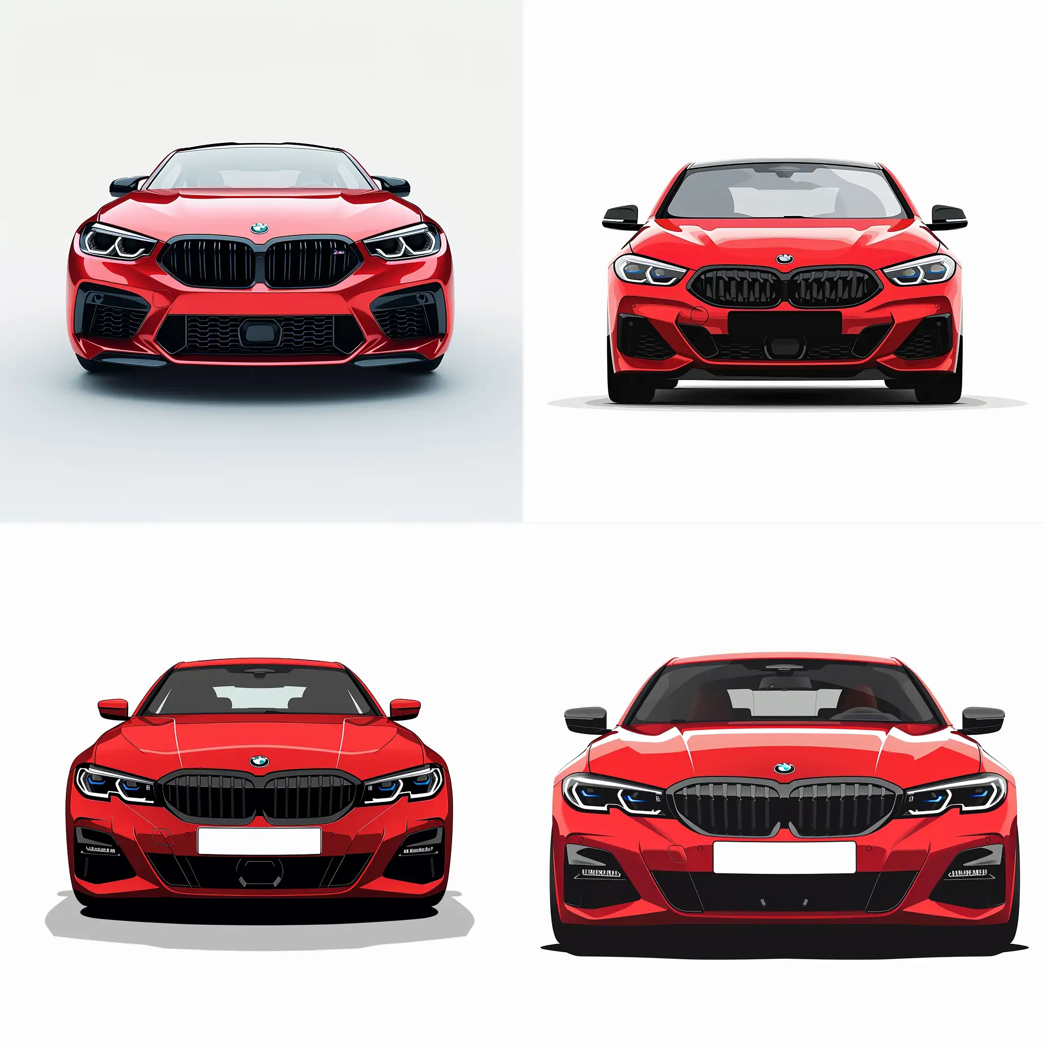 Minimalism 2D Illustration Car of Front View,bmw: red Body Color, Simple white Background, Adobe Illustrator Software, High Precision