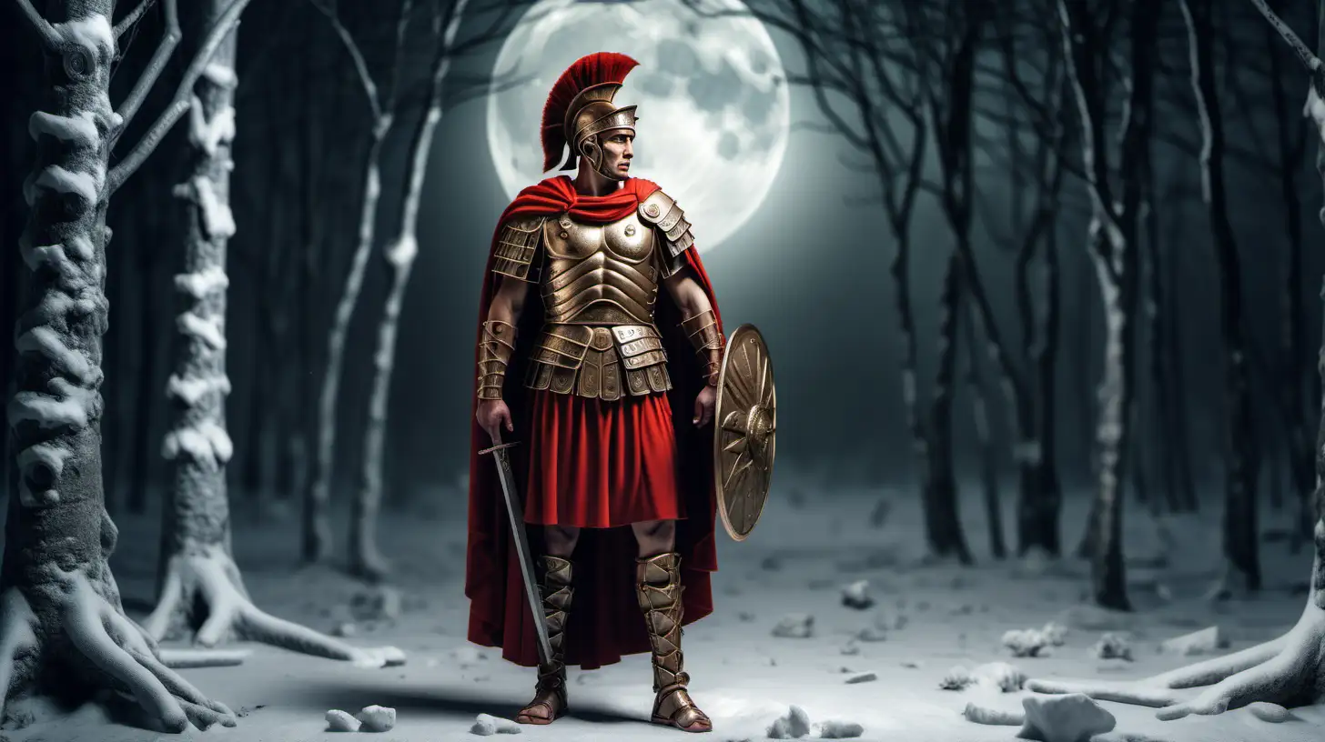 Roman warrior of the Praetorian Guard, full body . Very realistic and detailed. Professional photographic quality. On the full moon on the winter forest 