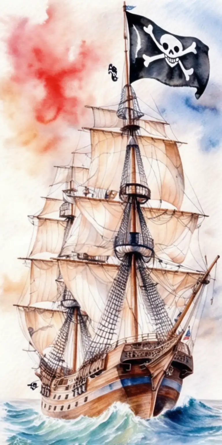 sjörövare, skepp, flagga i vattenfärg

