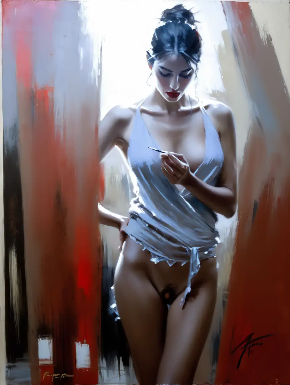 (naked:1.3) woman , panties pulled up at the knees , painting by (Fabian Perez:1.3) , light leaks , night scene ,  painting style expressionism , jagged lines

 