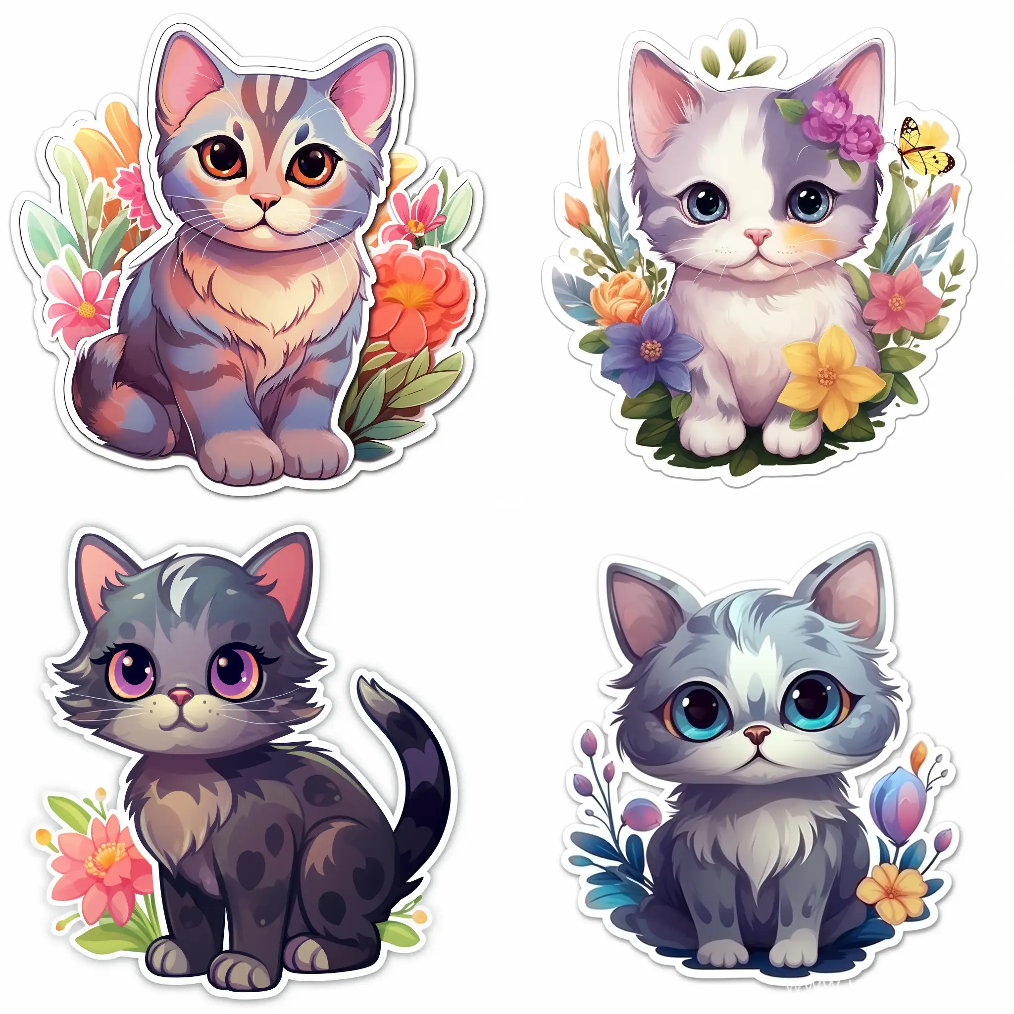 sticker, heartwarming and charming cat, evoke feelings of cuteness and endearment, playful poses, expressive eyes, accessories that enhance the overall charm, vibrant colors, background elements that would complement the cute cat, visually appealing to viewers.