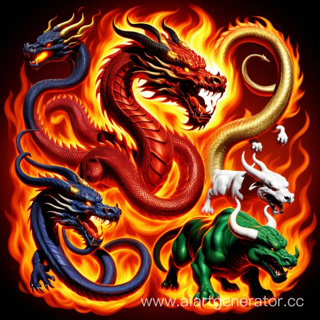 fiery dragon, bull, snake, fiery dog