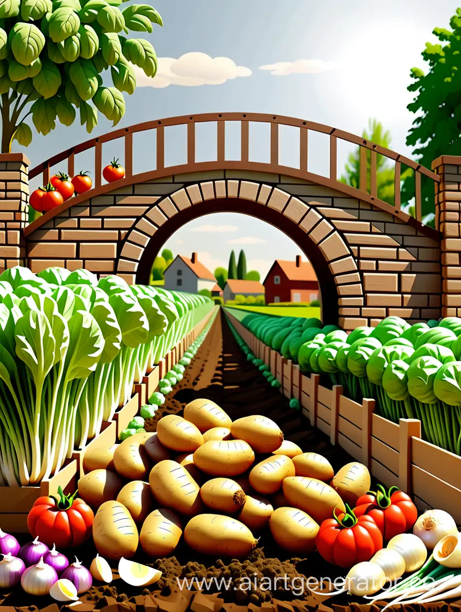 логотип для дачной продукции (картофель, лук, чеснок, морковка, помидоры) с мостом для подписи