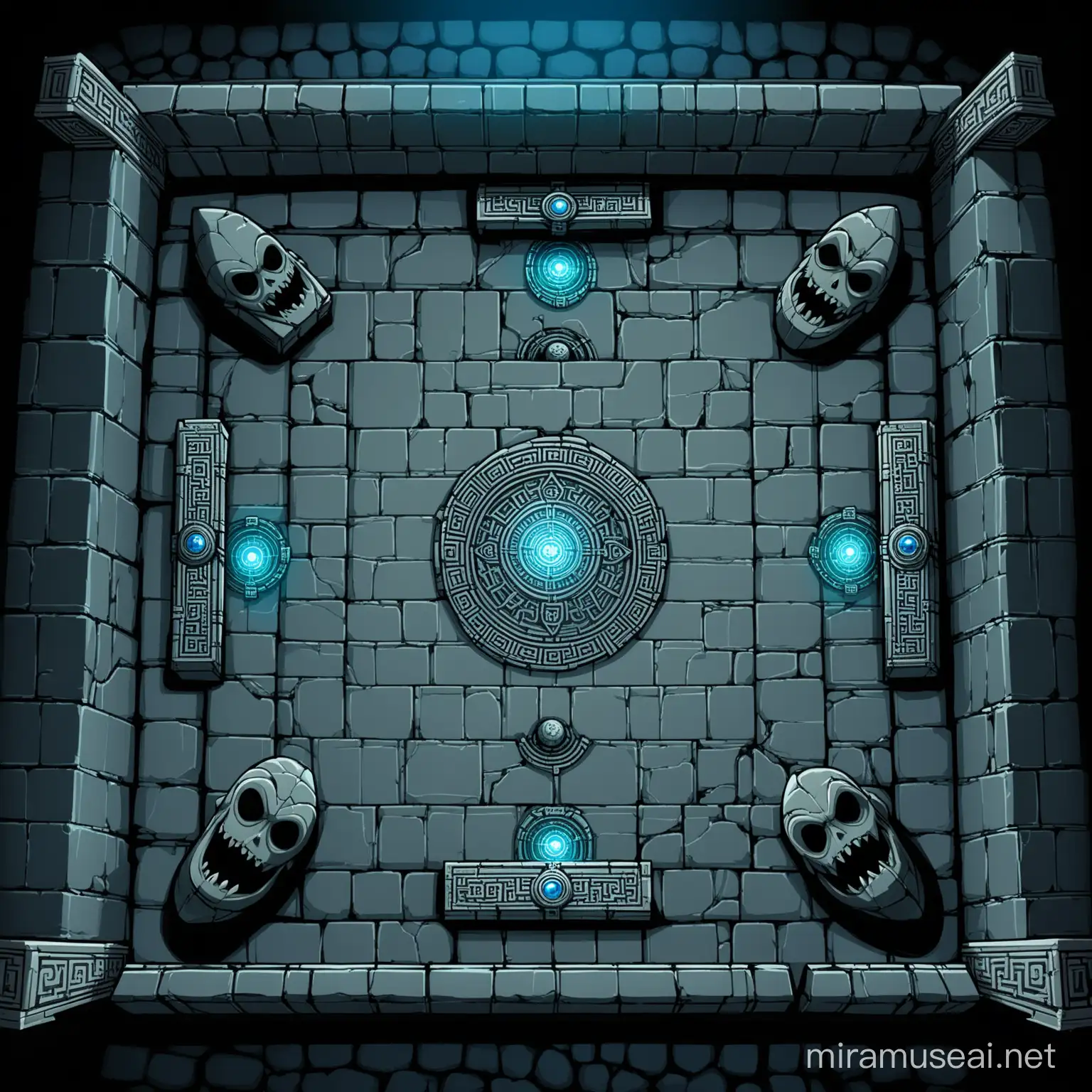 An overhead game map of a dimly-lit sacred chamber containing a stone plinth with an ornate tome placed atop it. The temple chamber is grey stone and has spooky mouths carved into the walls