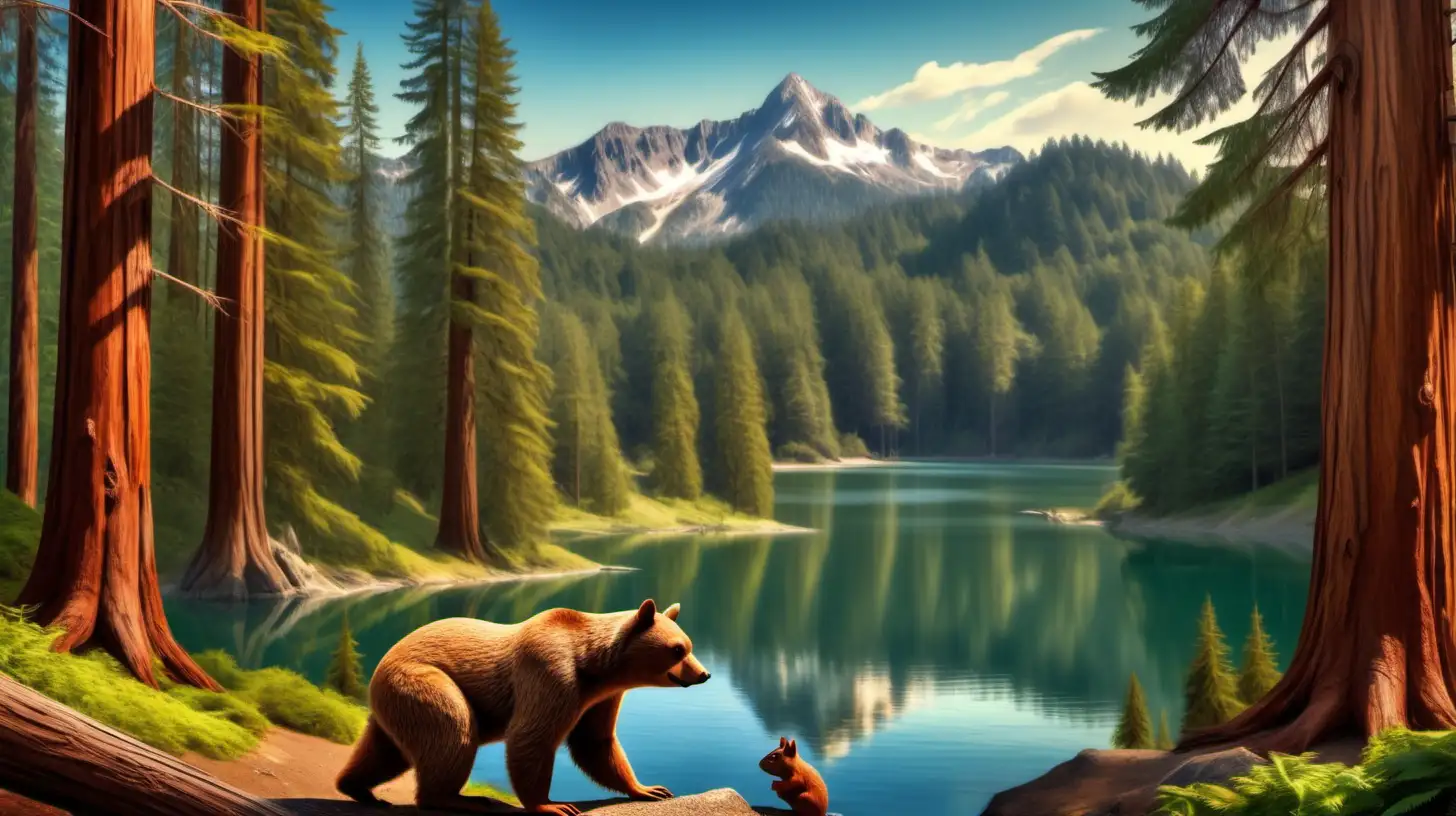 Beutiful Landscape. Redwood forest. Mountains. Lake. There is a bear watching a squirrel.