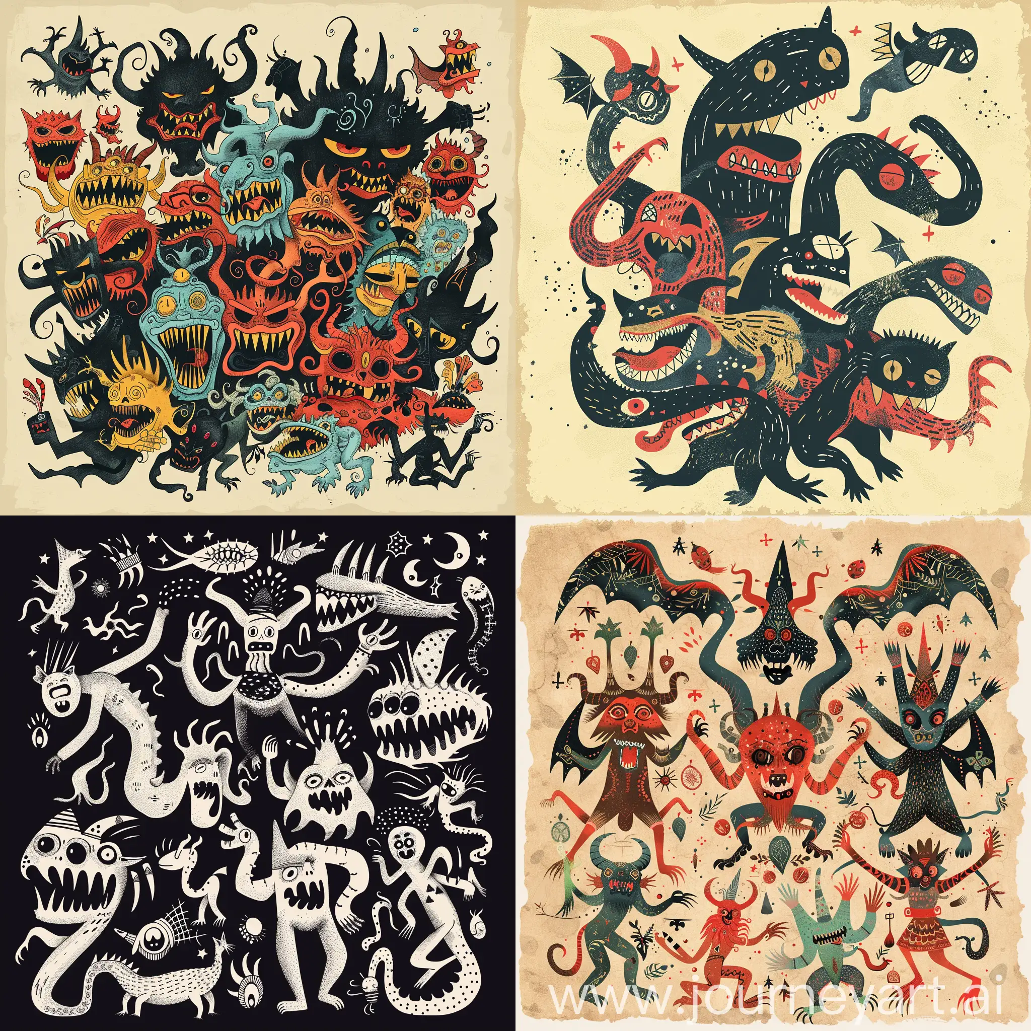 Minimal-Demons-and-Strange-Creatures-Vector-Doodle-Art-in-Persian-Lithographed-Style