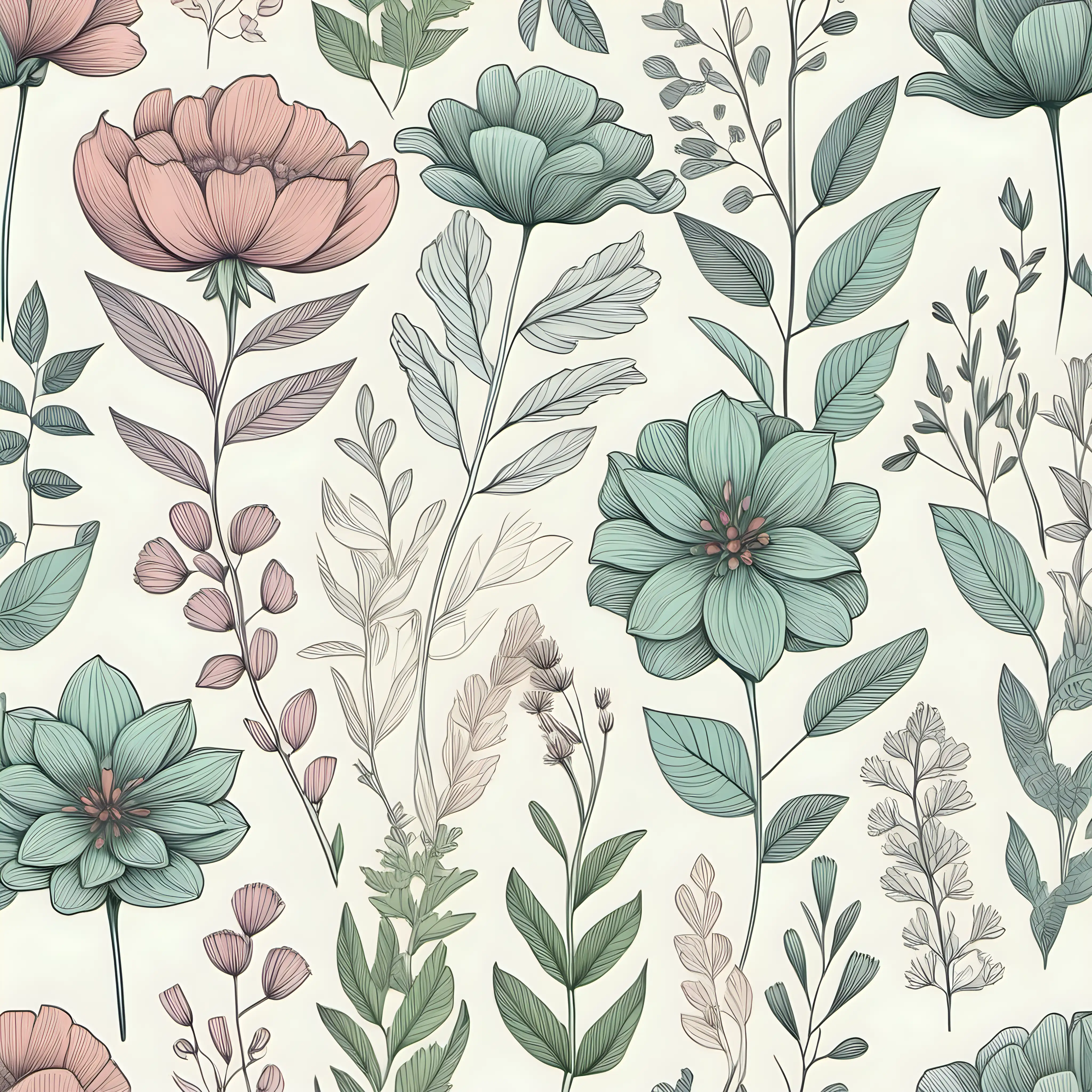Tranquil Natureinspired Pastel Print Pattern with Blooming Flowers and Fresh Herbs
