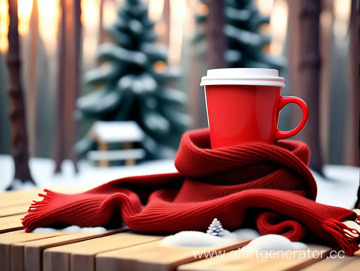Red cup of coffee wrapped in wool scarf on wooden table against winter forest background with blurred Christmas tree --ar 16:9 --v 6.0