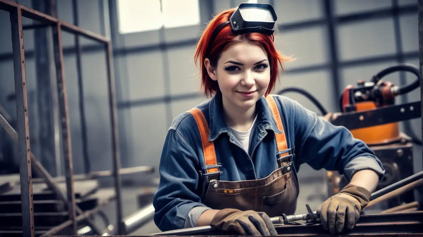 Modern Comicstyle Metal Construction with Friendly Young Woman Welding