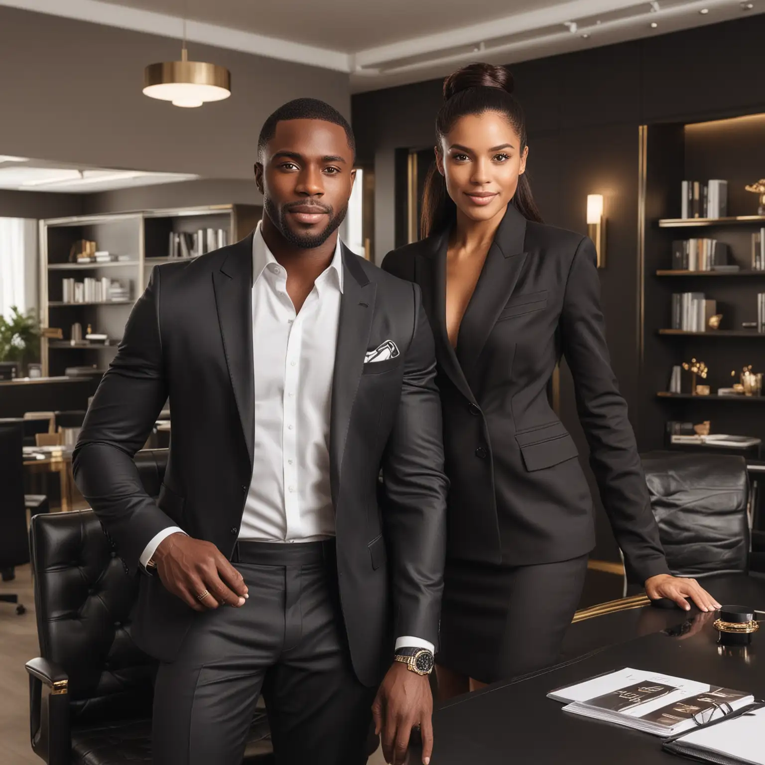 Create a full image luxury black man and woman in luxury office