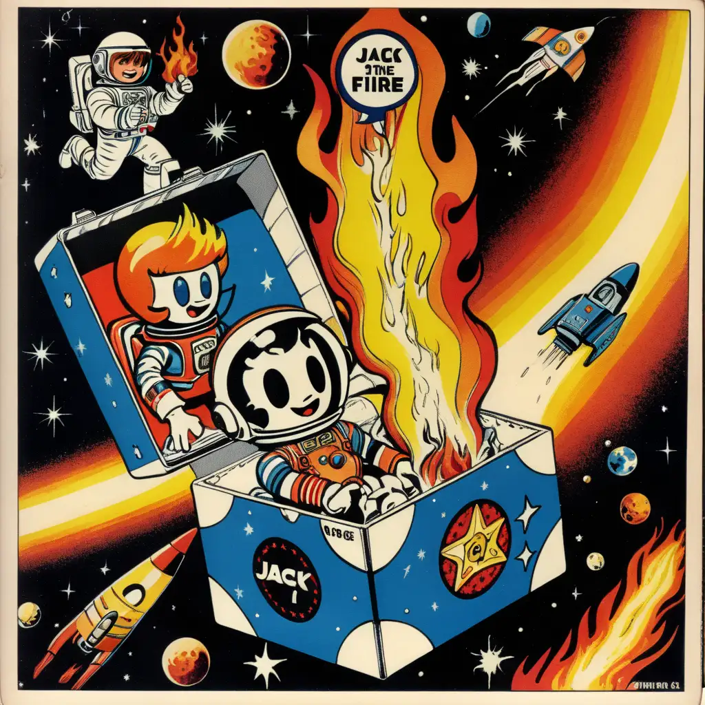 [a jack in the box in space] 
title: Toys On Fire
[in the style of 60s comic book art]