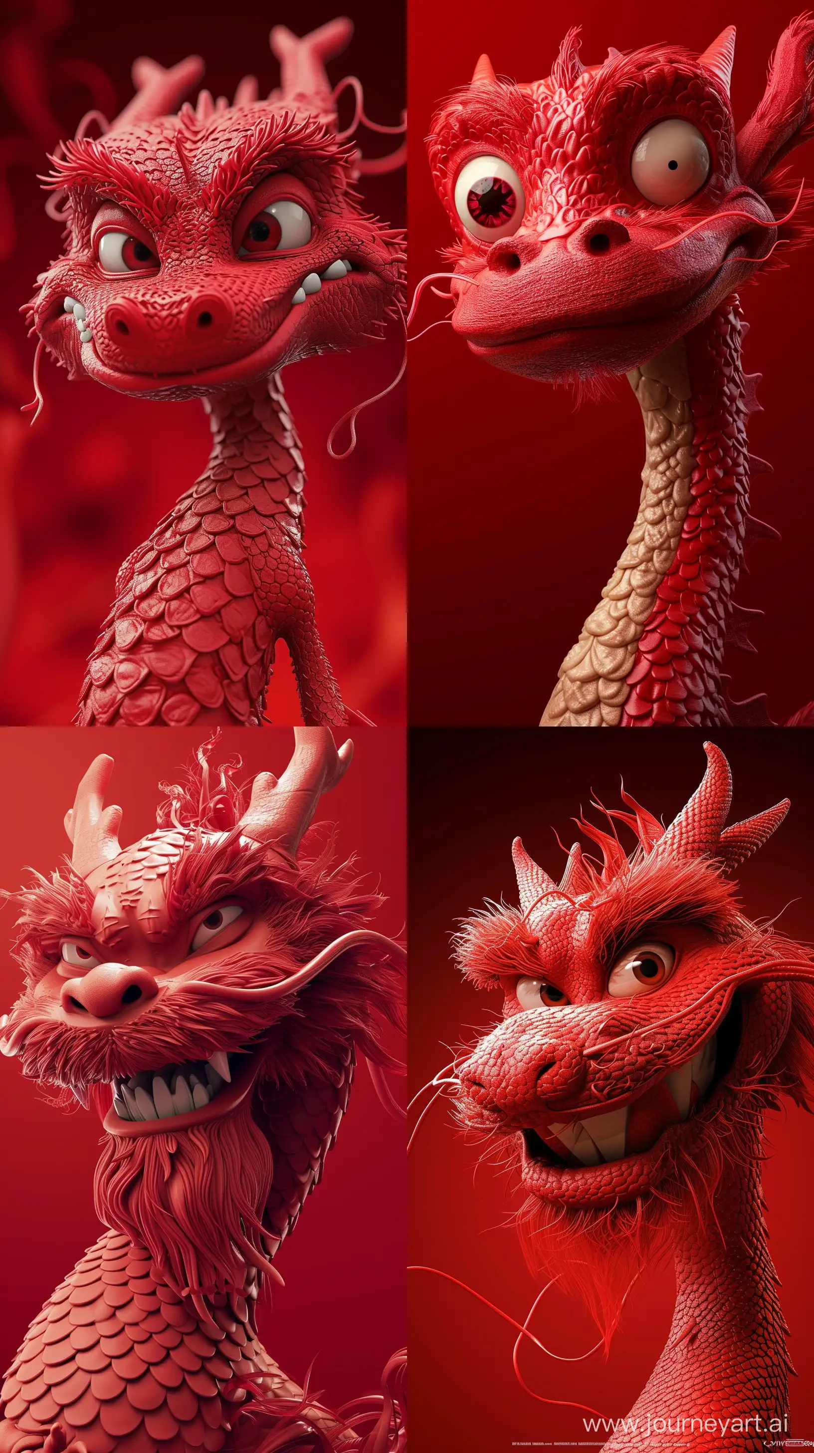 red Chinese dragon disney animation characters by zaha yun and, red background, disney style, alejandro jodorowsky, movie poster, zbrush, Minimalism, close-up, two dimensional, twisted characters, --ar 9:16 --style raw --v 6