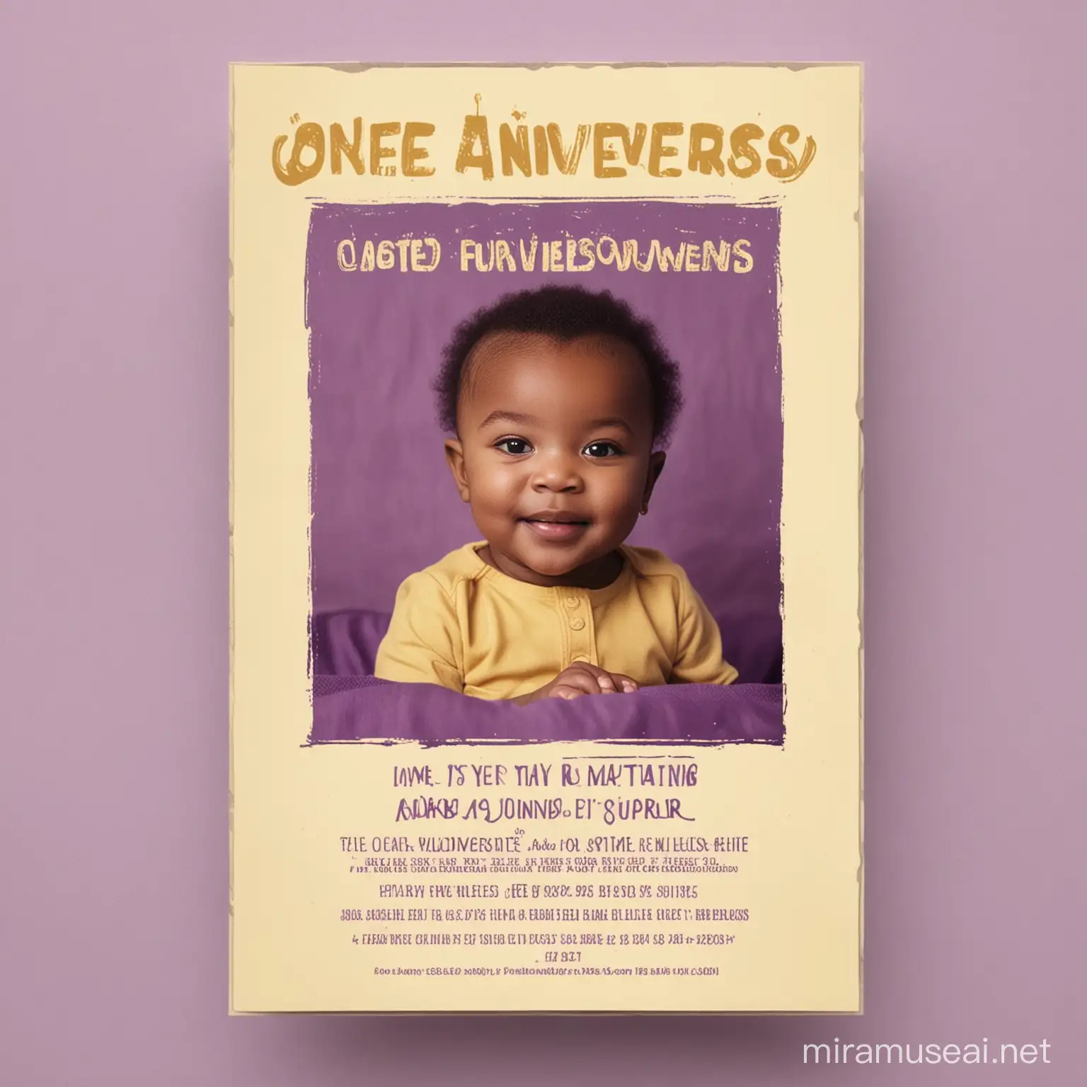 As an art and craft brand celebrating her one year anniversary at a motherless baby home, create a flyer that announces the one year anniversary and shows that the brand will be celebrating the event at a motherless babies' home. Note that the brand's colour are royal purple and yellow. Faded images of children can be manipulated in the background.