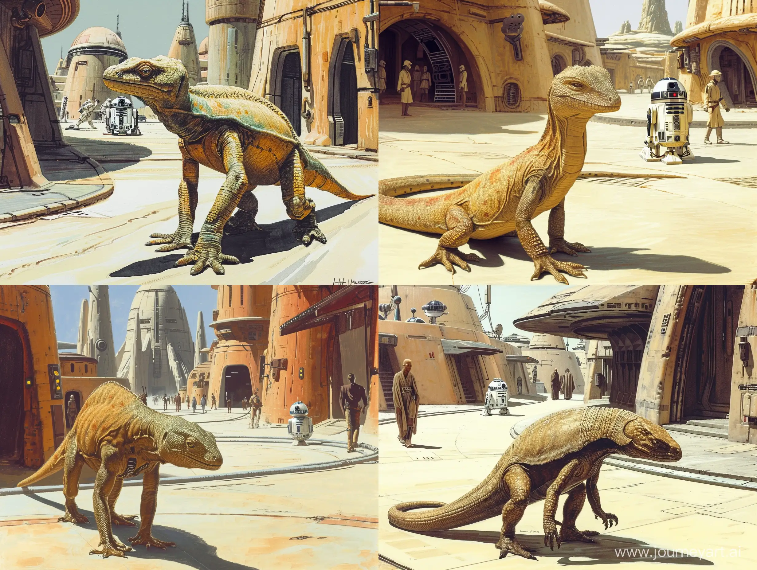 Concept art of an A reptilian lizard walking the streets of mos eisley by Ralph McQuarrie. astromech droid in background. retro star wars. Retro Science Fiction Art. In color.  