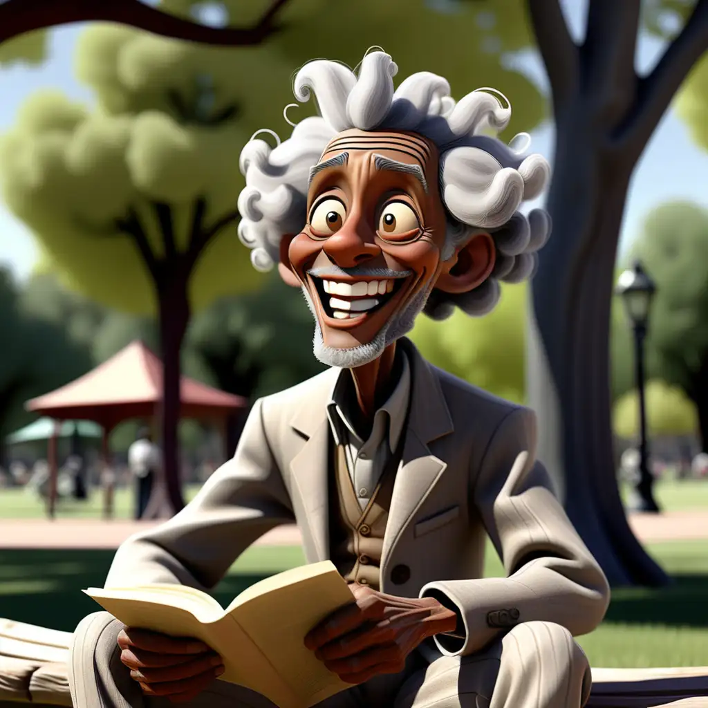 1900s cartoon African American happy Elder with grey curly hair sitting in the park telling a story New Mexico 
